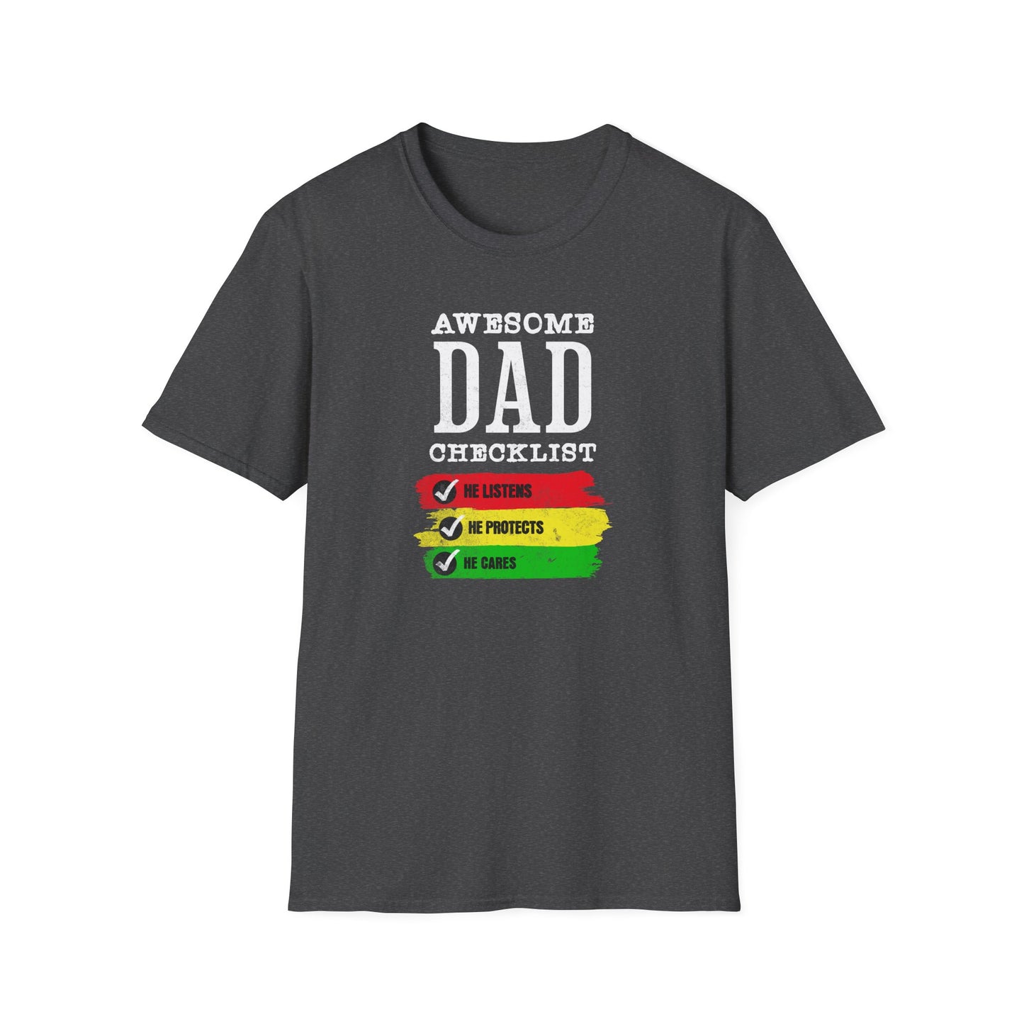Fathers Day T Shirt. Awesome Dad Cares Protects and Listens. Positive sayings and great Fathers Day gift