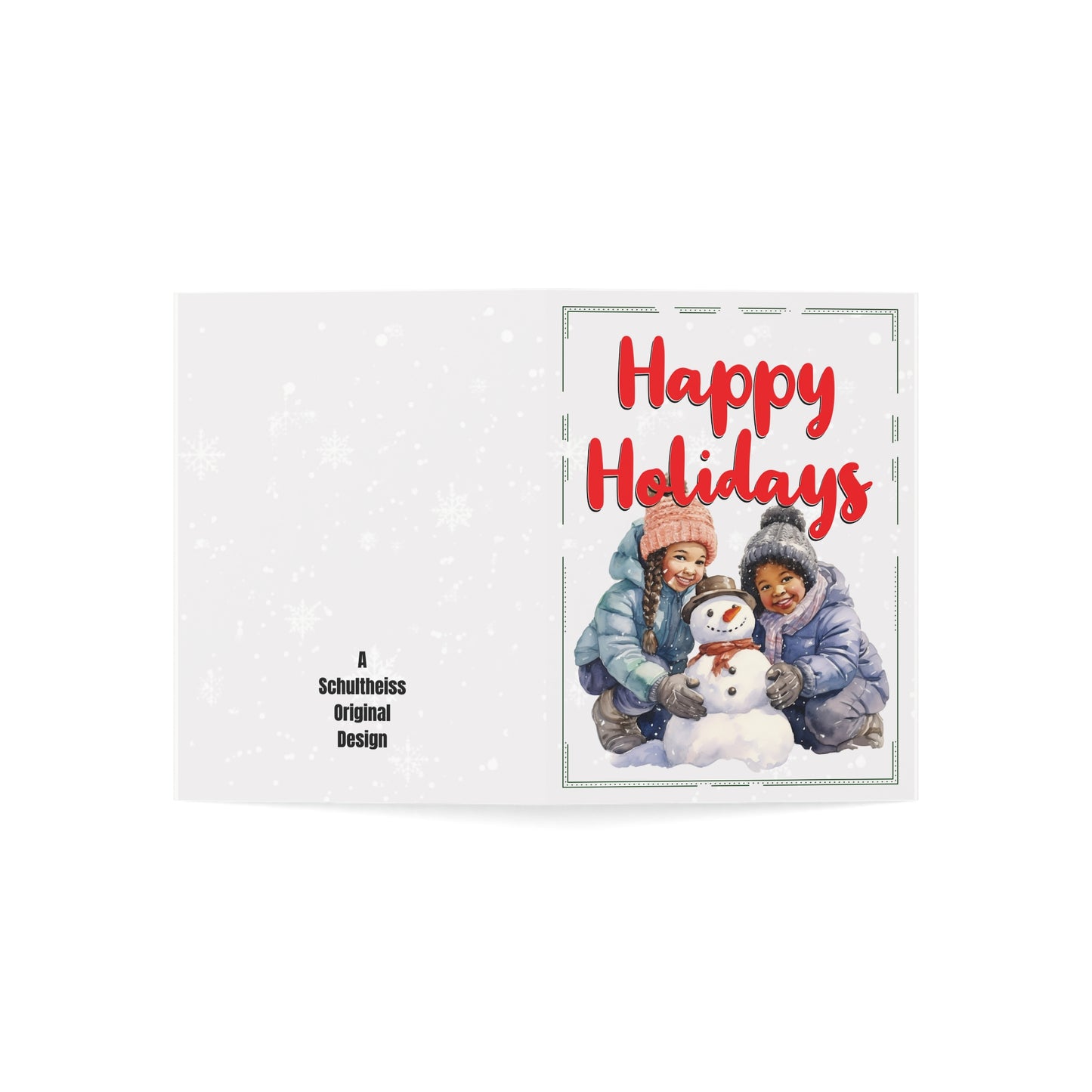 Holiday Greeting Cards. Brown Skinned Children Building Snowmen. Happy Holidays