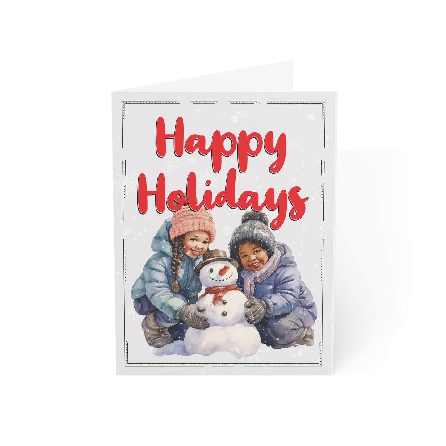 Holiday Greeting Cards. Brown Skinned Children Building Snowmen. Happy Holidays