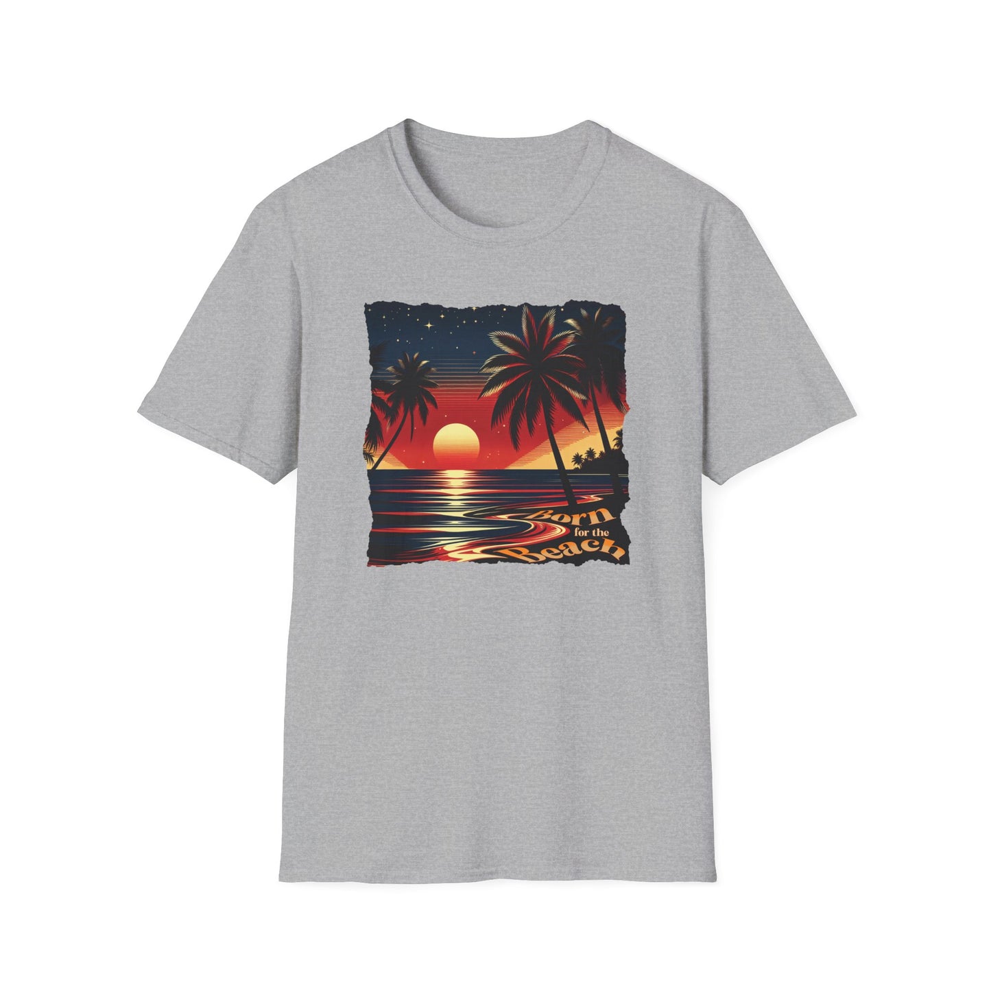 Graphic T-Shirt with the Image of a Beach Sunset and Words Born for the Beach.