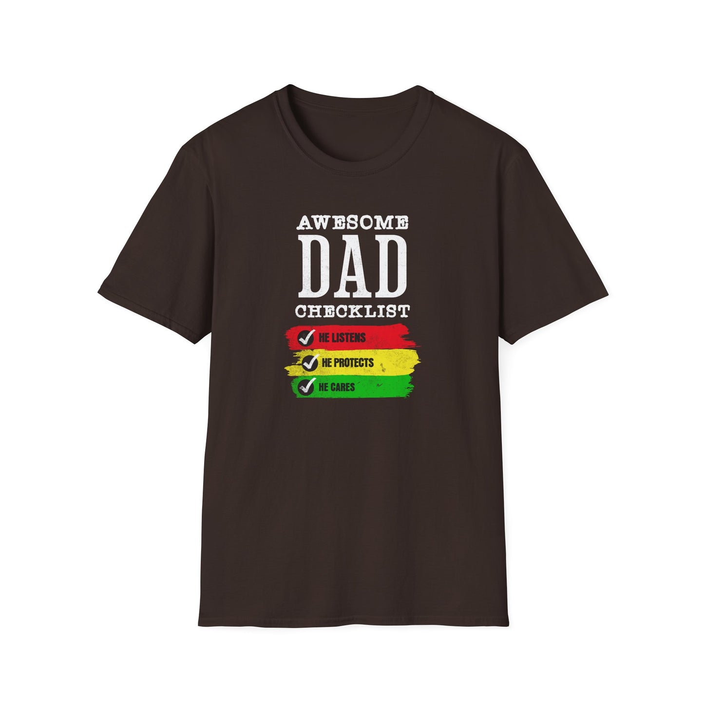 Fathers Day T Shirt. Awesome Dad Cares Protects and Listens. Positive sayings and great Fathers Day gift