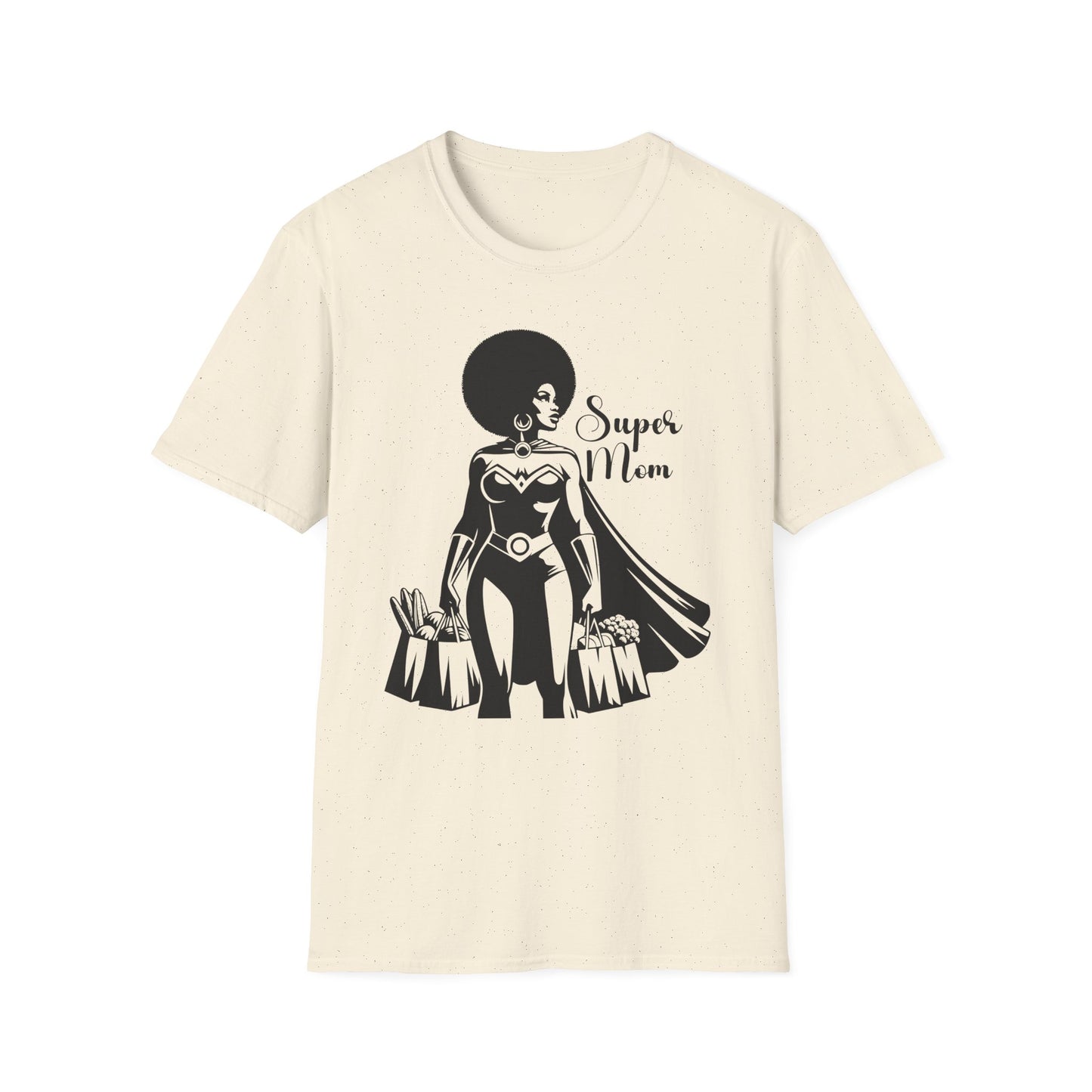 Graphic T-Shirt Showing Strong Black Superhero Mom as She Grabs Groceries