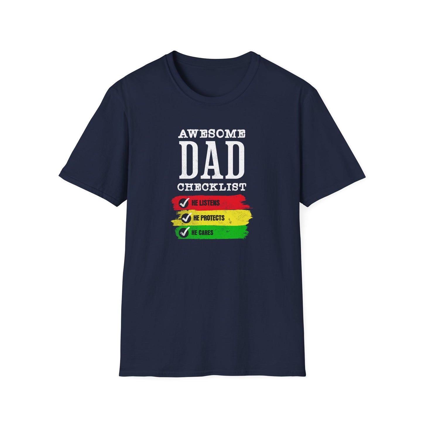 Fathers Day T Shirt. Awesome Dad Cares Protects and Listens. Positive sayings and great Fathers Day gift