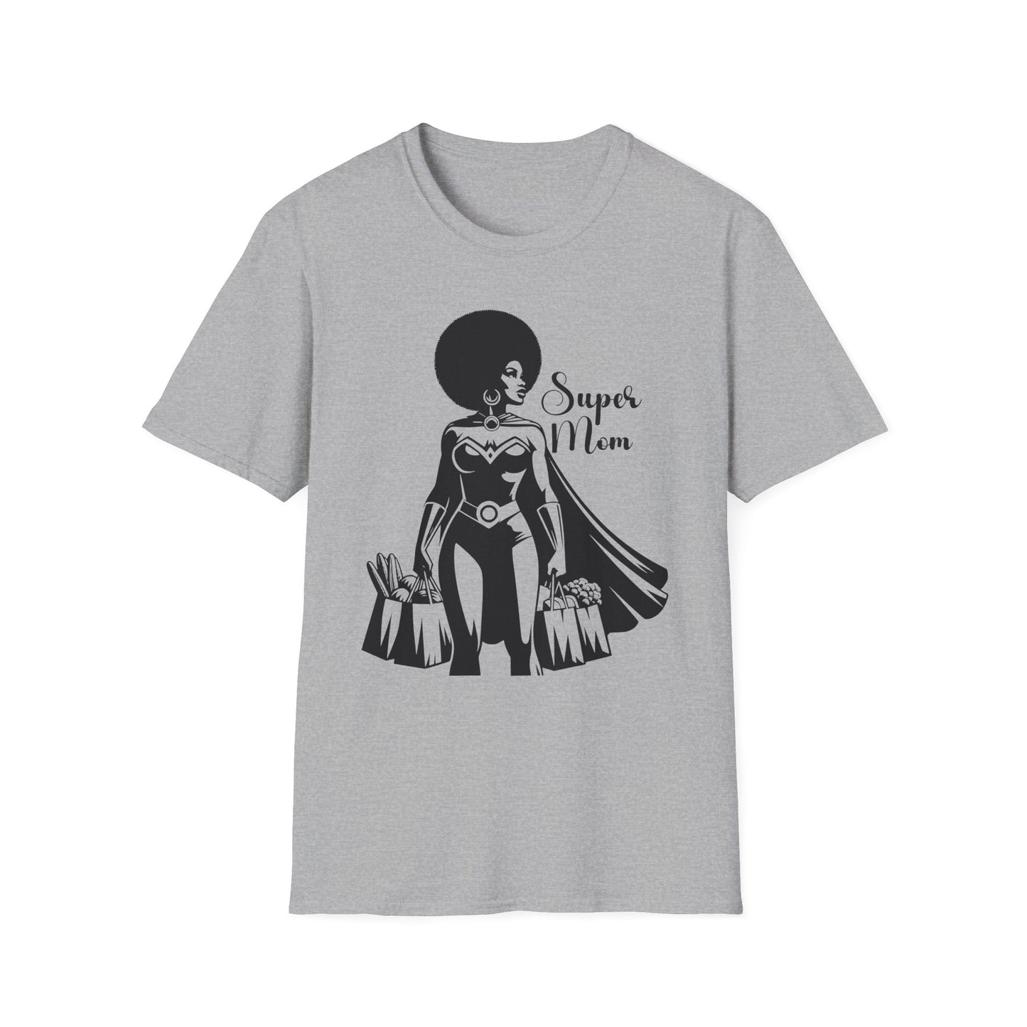 Graphic T-Shirt Showing Strong Black Superhero Mom as She Grabs Groceries