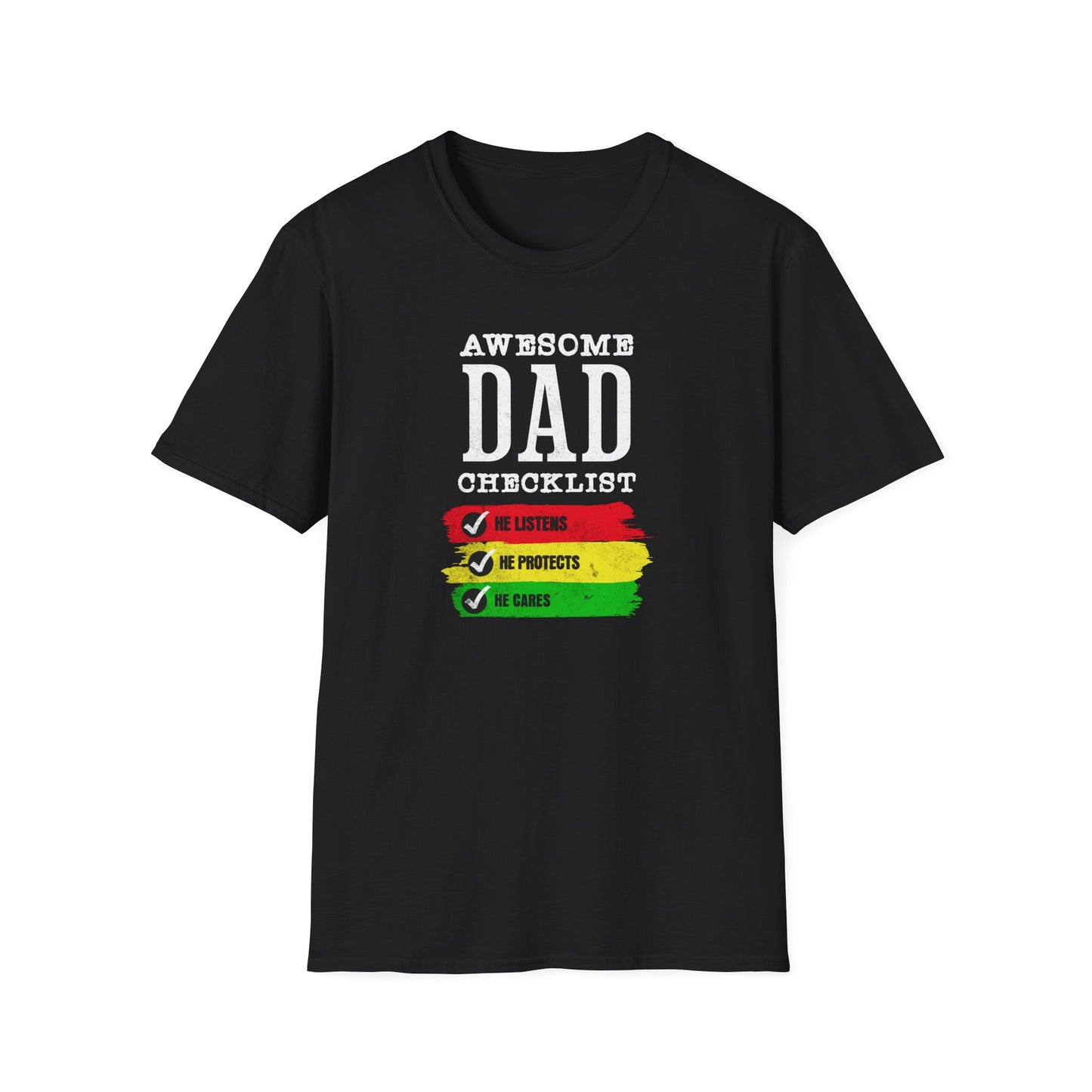 Fathers Day T Shirt. Awesome Dad Cares Protects and Listens. Positive sayings and great Fathers Day gift