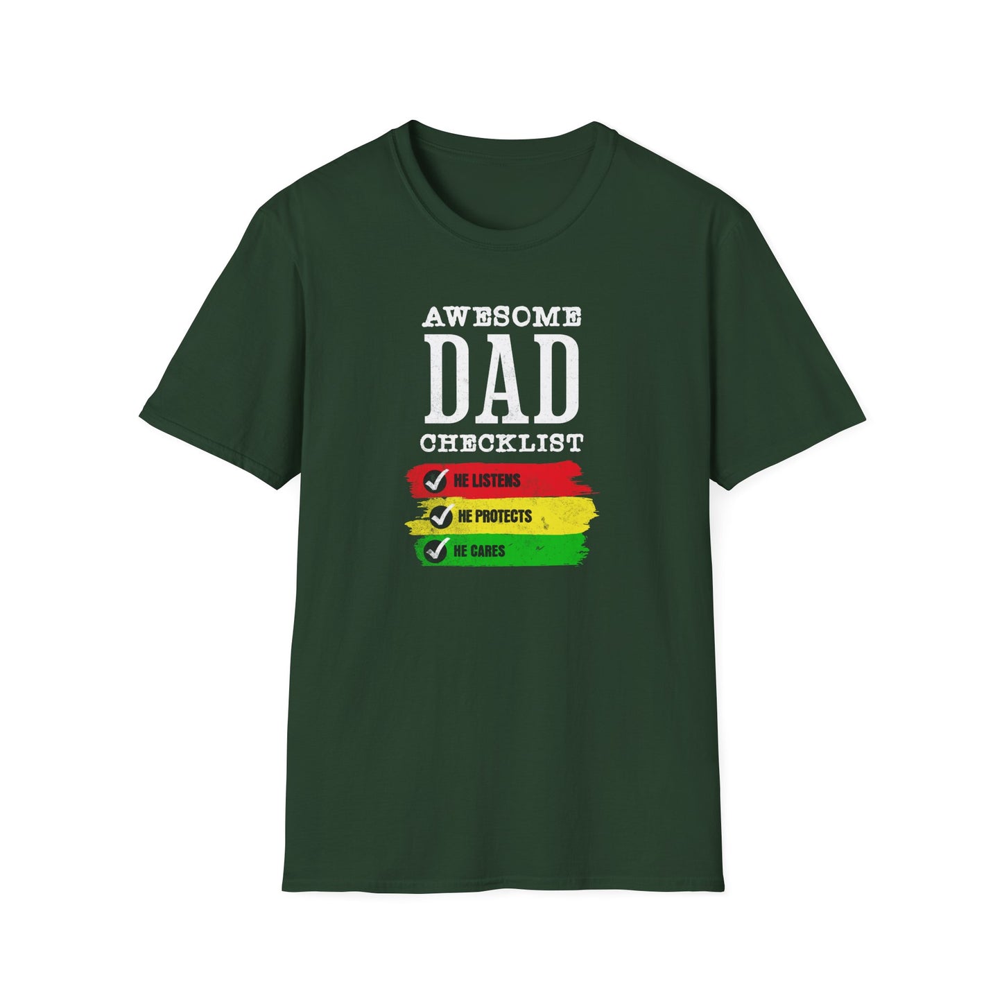 Fathers Day T Shirt. Awesome Dad Cares Protects and Listens. Positive sayings and great Fathers Day gift