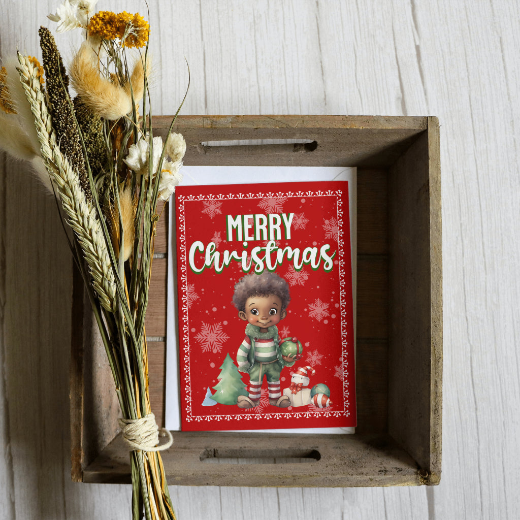 Christmas Greeting Cards, African American Little Elf Boy, Holiday Set.