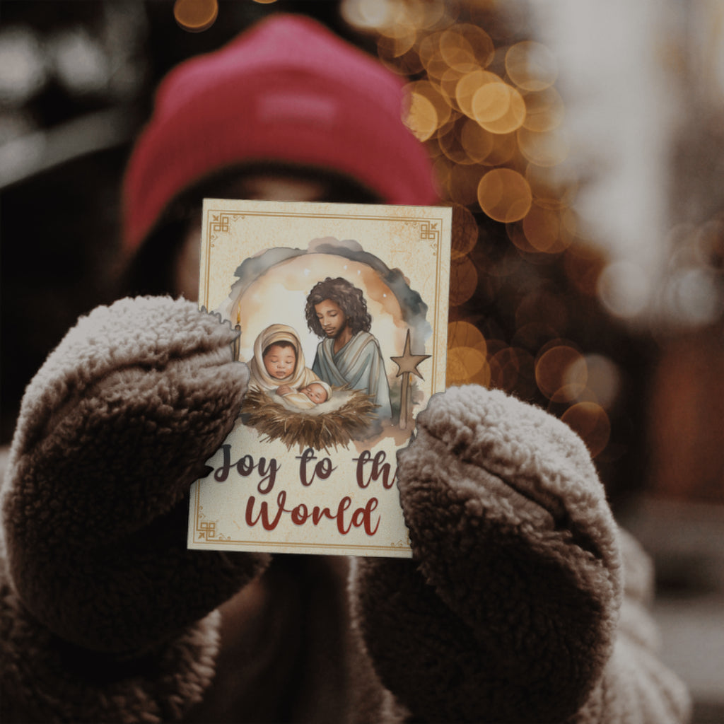Christmas Nativity Scene Greeting Cards. Brown Jesus Mary Joseph.Joy to the World