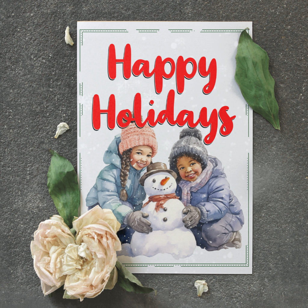 Holiday Greeting Cards. Brown Skinned Children Building Snowmen. Happy Holidays