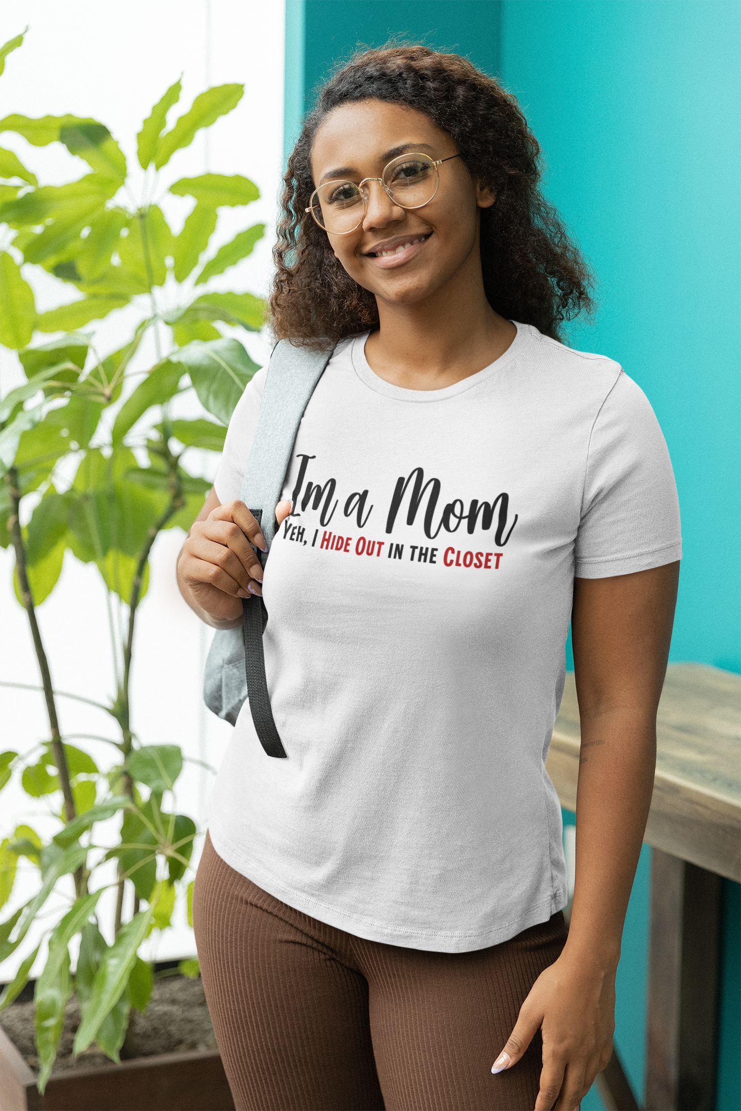 Minimalist Text T-shirt for Moms. Funny saying, I’m a Mom,Yeh I Hide Out in the Closet.