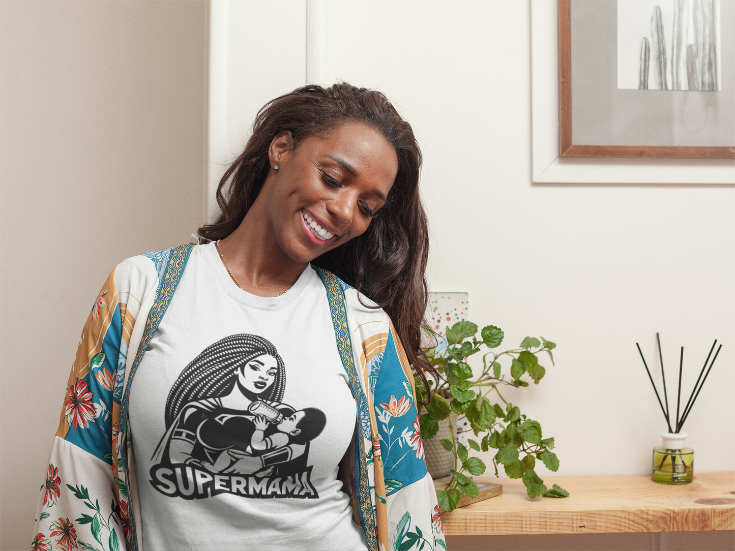Cool Bold Graphic T-shirt of a Supermama Feeding Her Baby