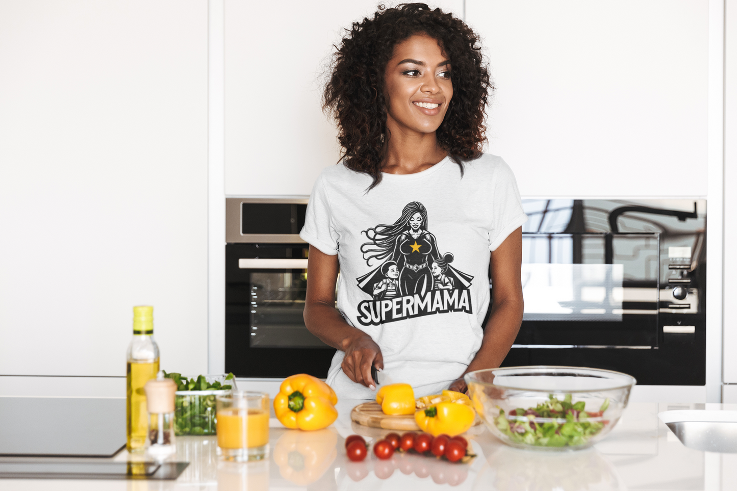 Cool Graphic T-shirt Showing a Strong Black Supermom Taking Her Kids to School