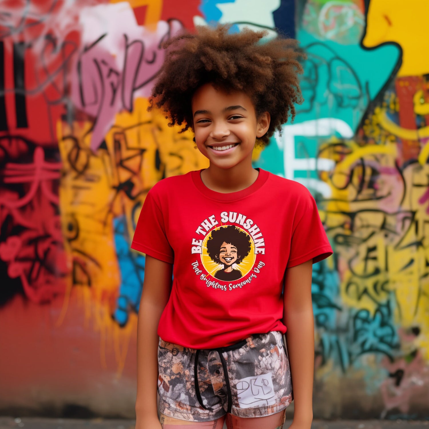 Beautiful brown skinned girl wearing a graphic t-shirt with the words be the sunshine that brightens someone’s day