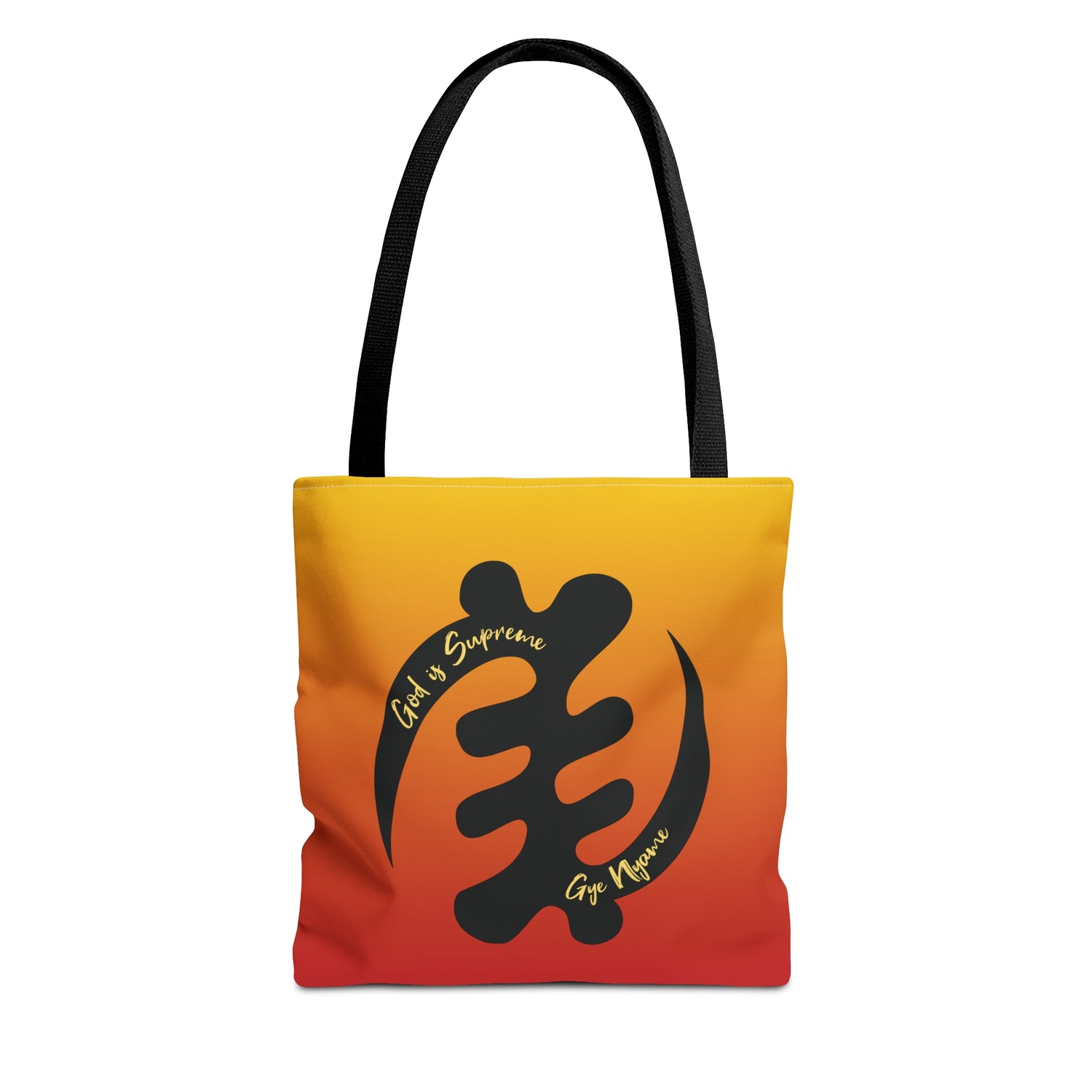 Vibrant coloured red to gold tote bag with African Adinkra symbol for God is Supreme