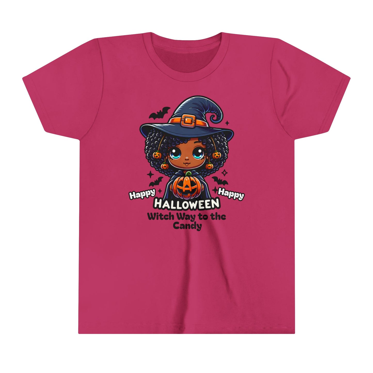 Fun Halloween T-Shirt for Kids. Witch Way to the Candy. Graphic T-Shirt of Afro Wearing Witch.