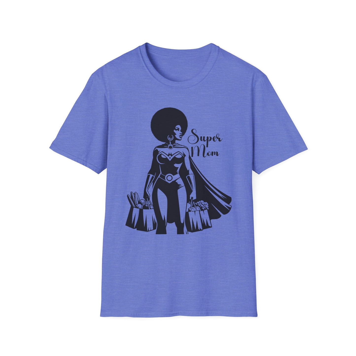 Graphic T-Shirt Showing Strong Black Superhero Mom as She Grabs Groceries