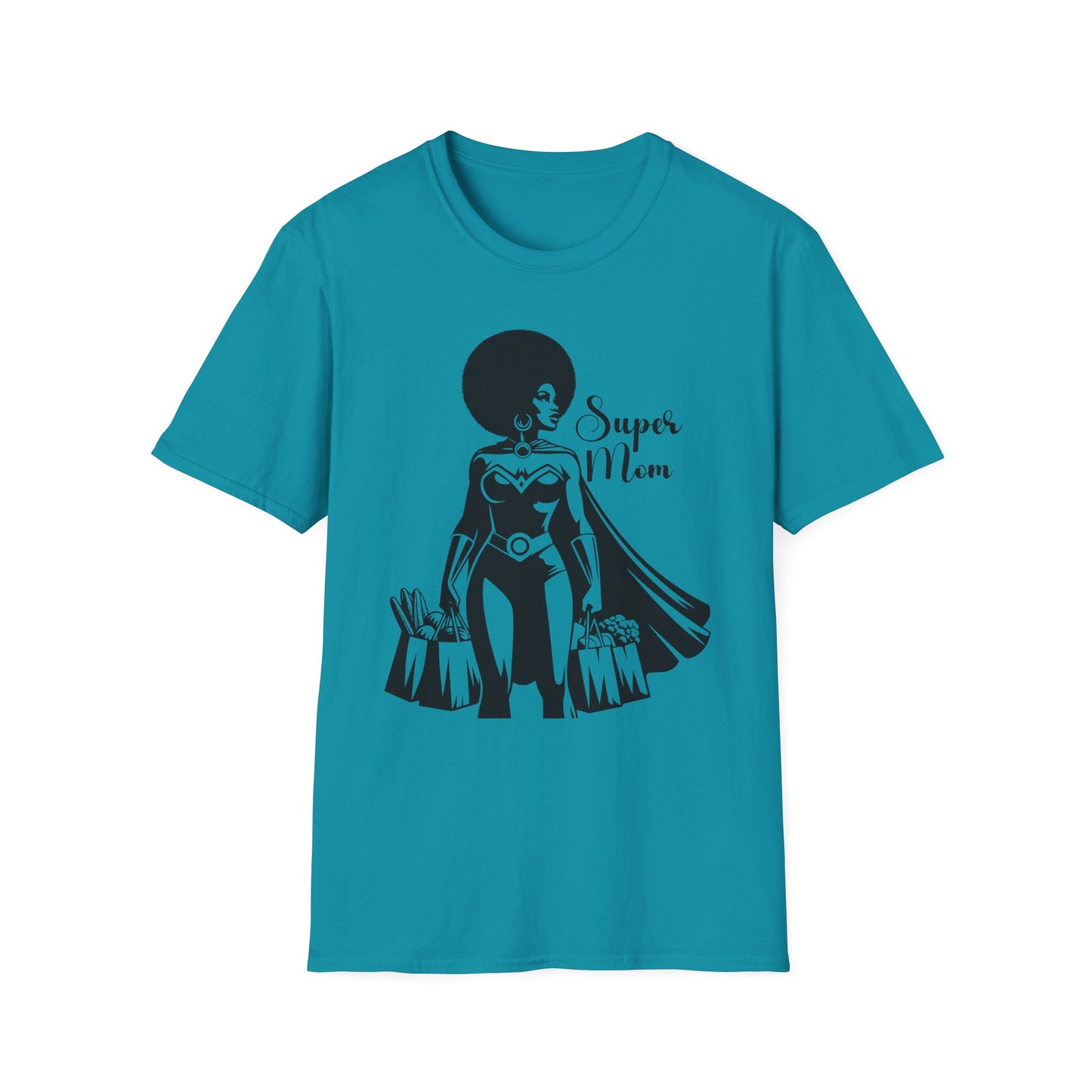 Graphic T-Shirt Showing Strong Black Superhero Mom as She Grabs Groceries