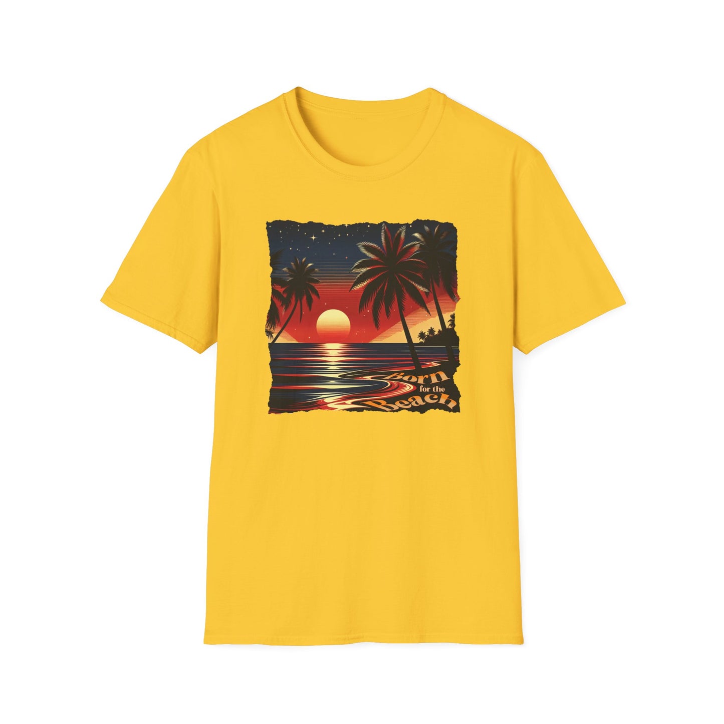 Graphic T-Shirt with the Image of a Beach Sunset and Words Born for the Beach.