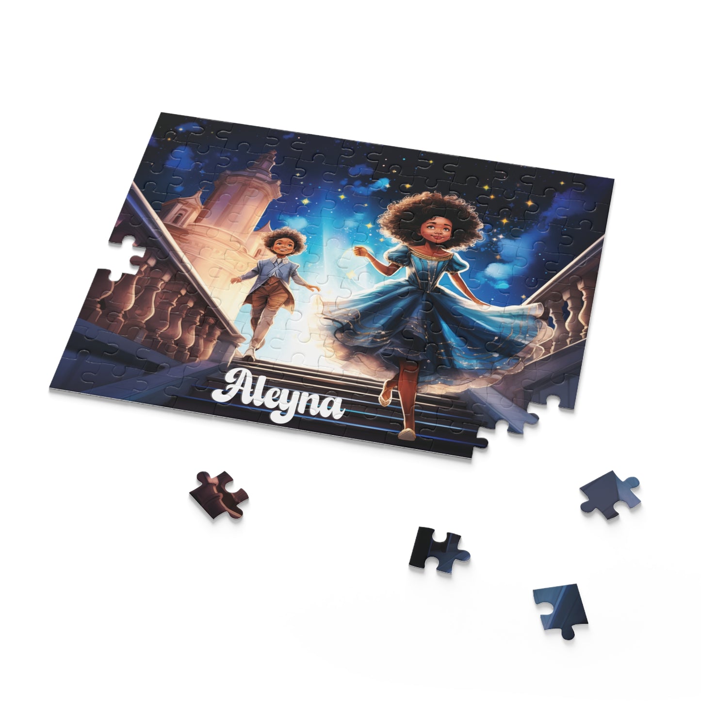 Personalized Children’s Jigsaw Puzzle with Dark Skinned Cinderella and Her Prince.