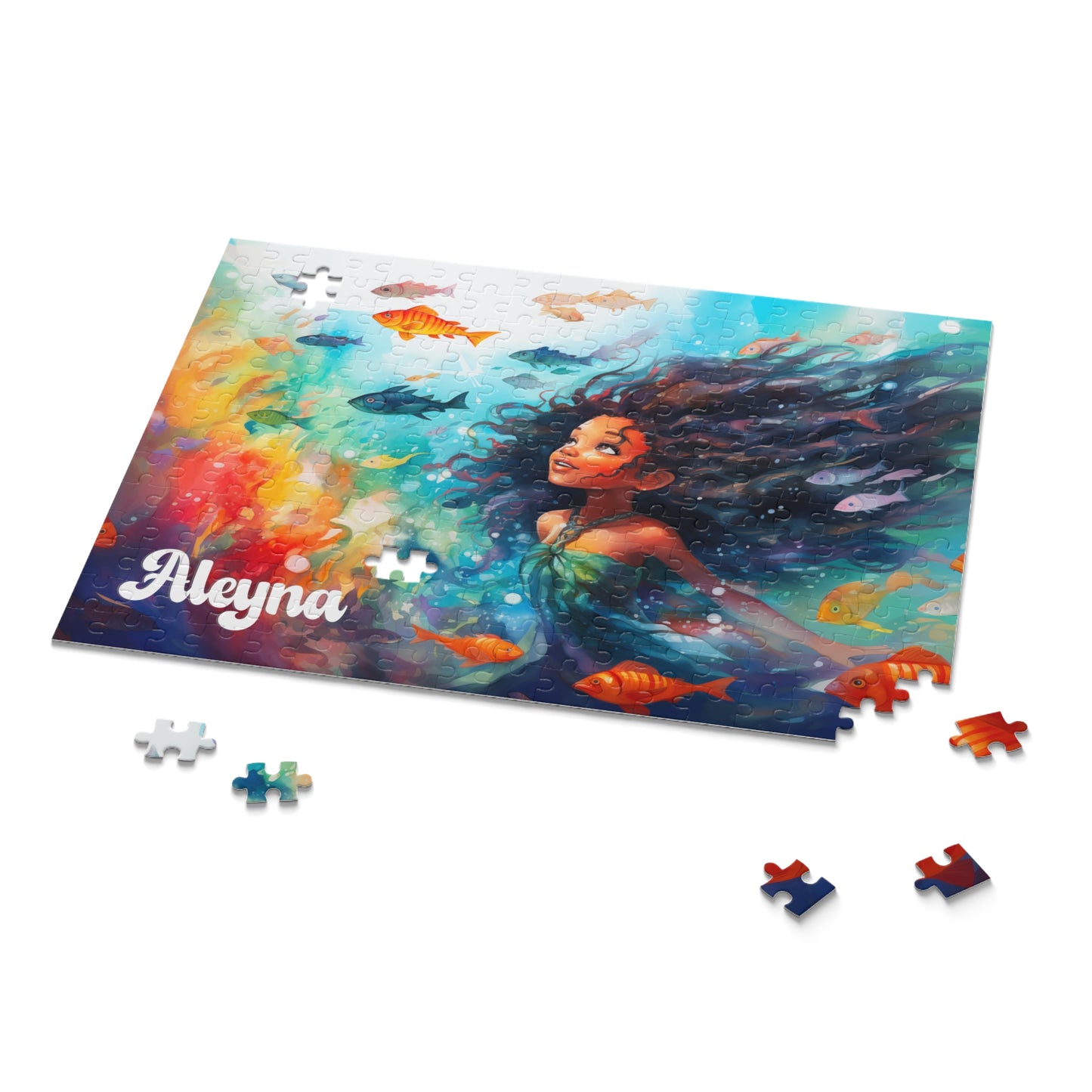 Personalized Children’s Jigsaw Puzzle with Gorgeous, Brown Skinned Little Mermaid