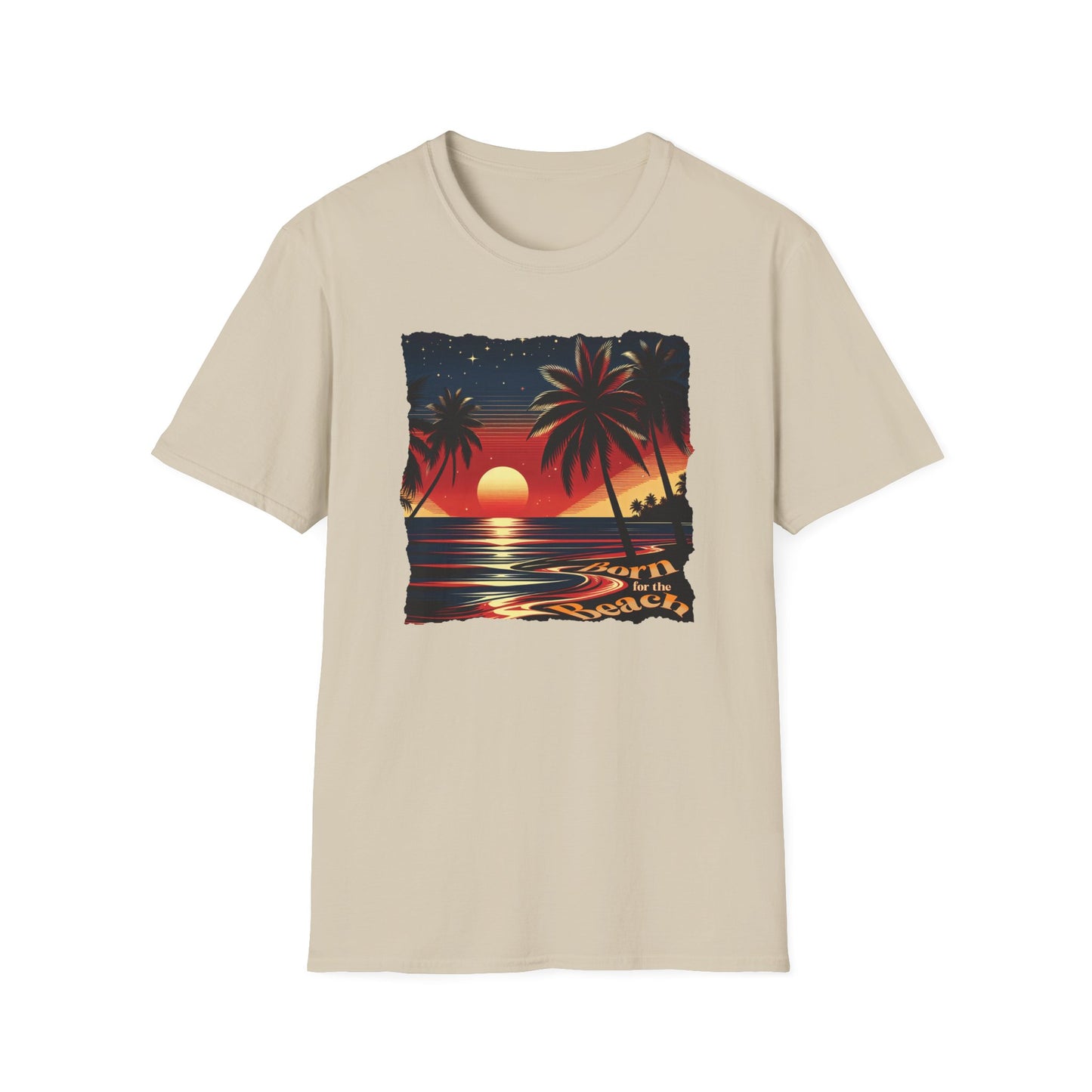 Graphic T-Shirt with the Image of a Beach Sunset and Words Born for the Beach.