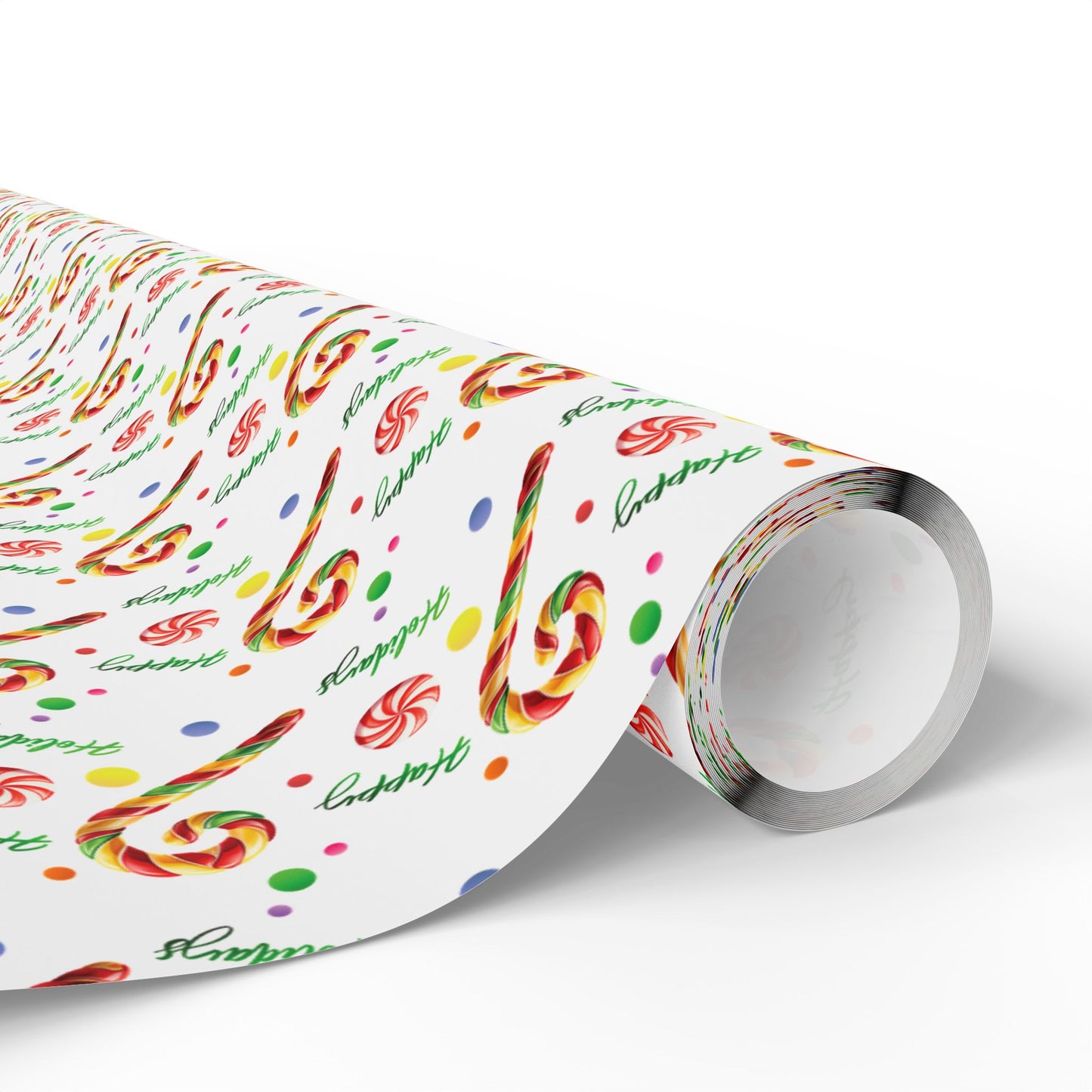 Christmas paper with red and white peppermint candy and ice gold and green coloured candy canes.