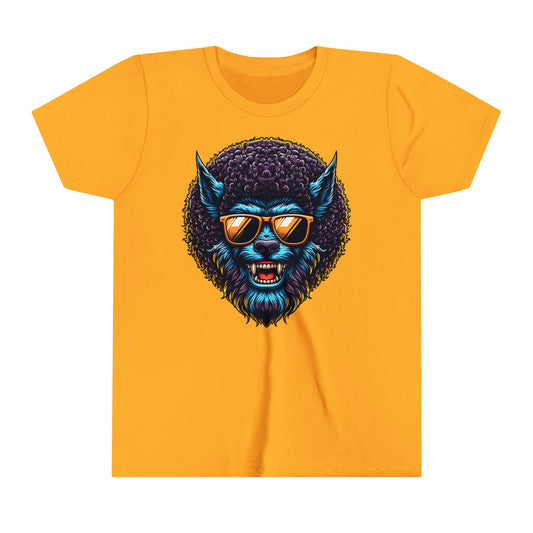 Cool kid’s graphic Halloween t-shirt with the vibrant image of a cool wolfman. He has cool sunglasses, awesome afro, and a big wolf’s smile.