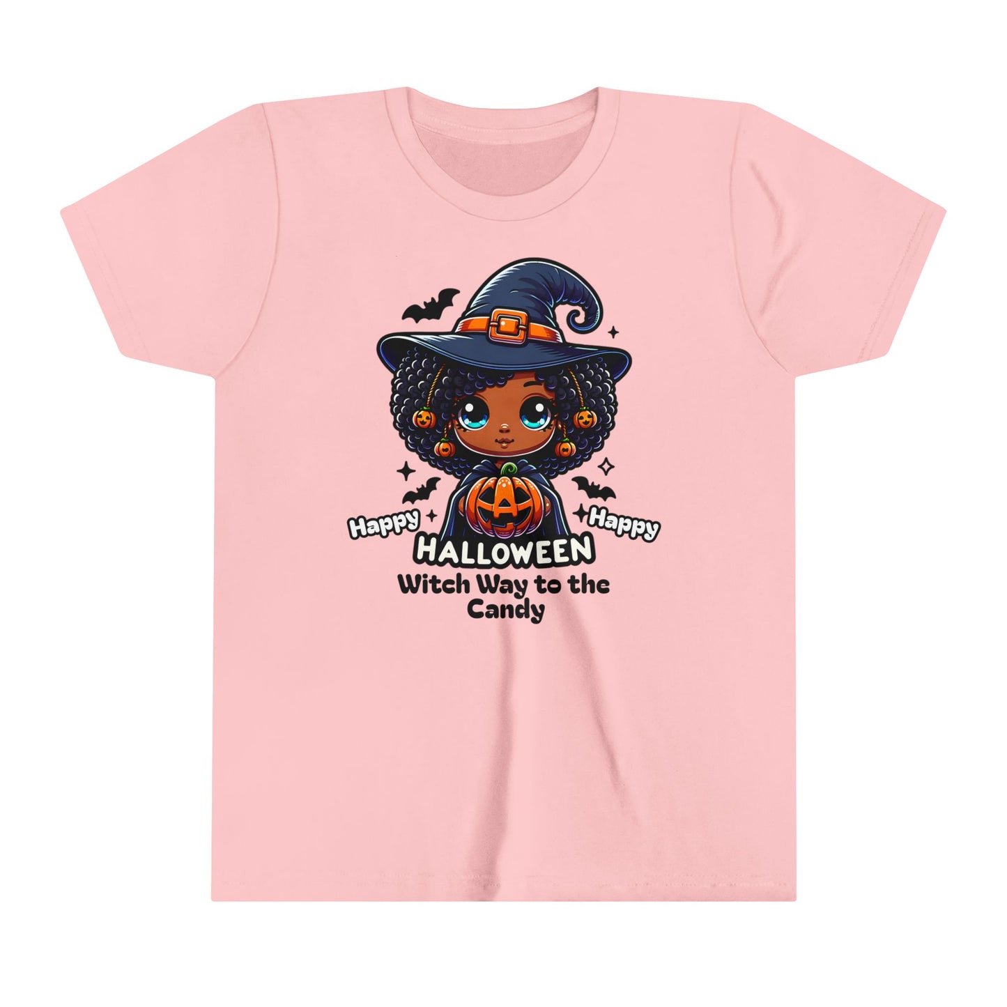 Fun graphic t-shirt with a cute Afro witch holding a smiling pumpkin. Bats fly around her with the words Witch Way to the Candy.