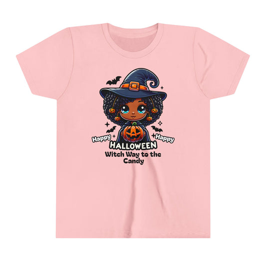 Fun graphic t-shirt with a cute Afro witch holding a smiling pumpkin. Bats fly around her with the words Witch Way to the Candy.