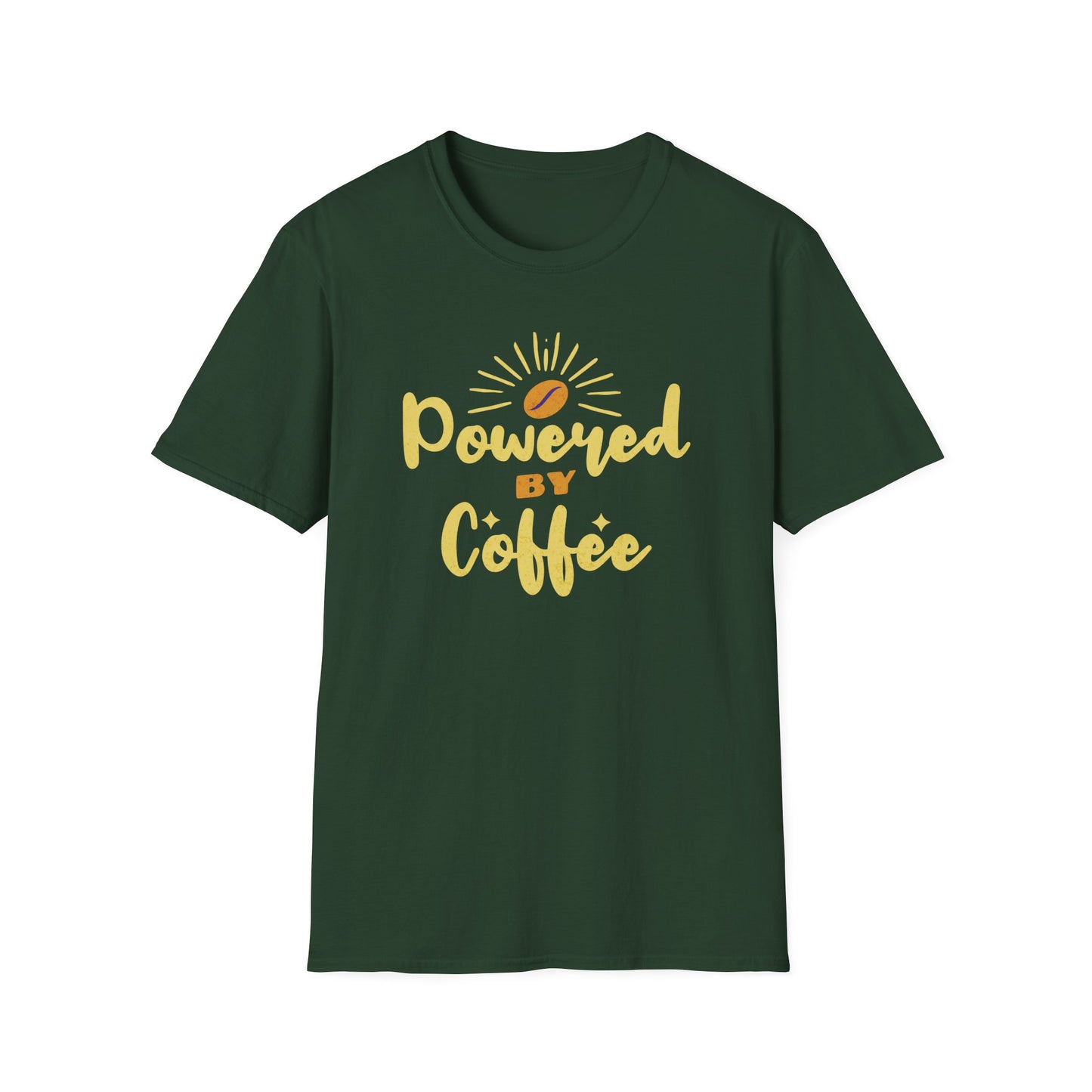 Powered by Coffee T-shirt with Bright Lively Colors for Coffee Lovers.