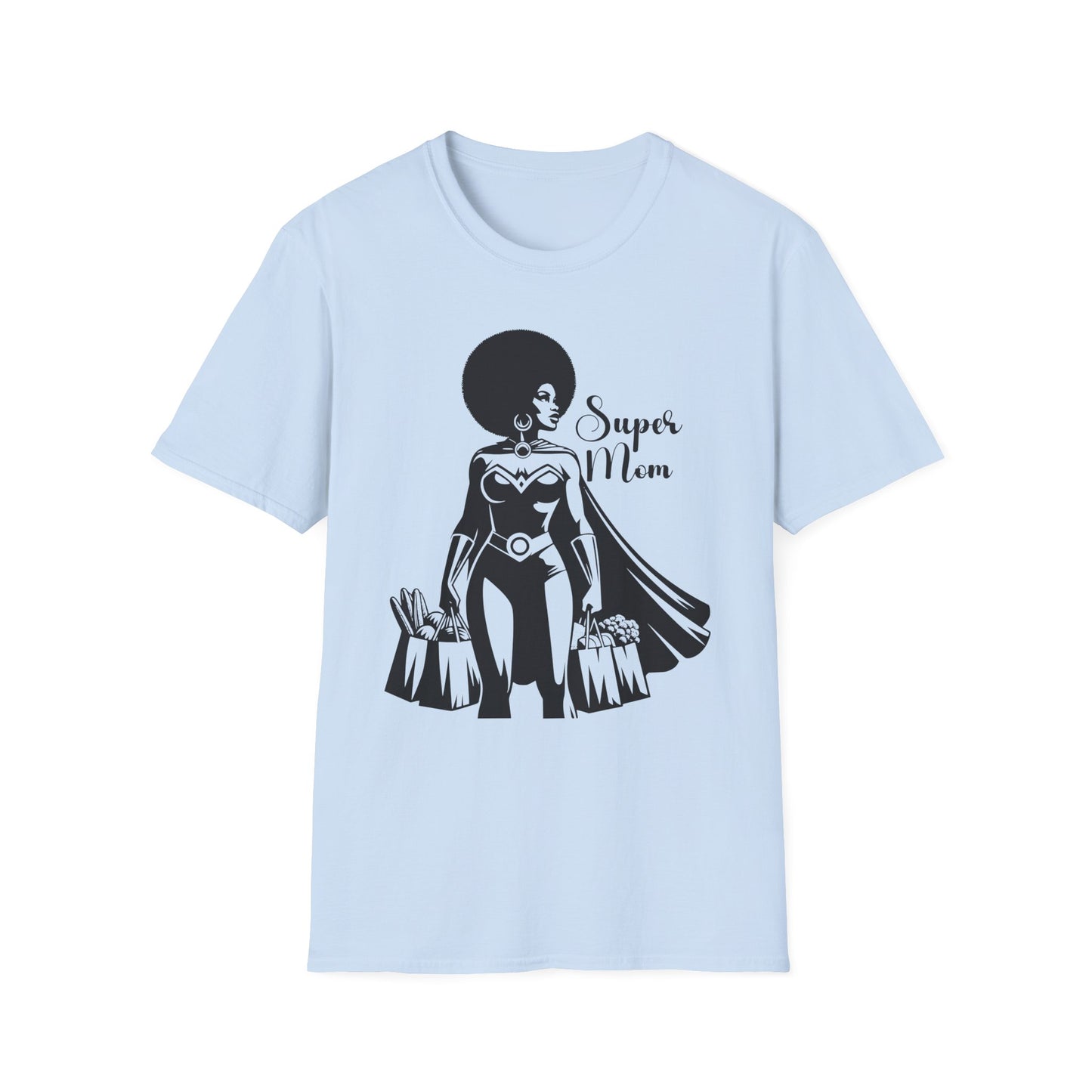 Graphic T-Shirt Showing Strong Black Superhero Mom as She Grabs Groceries