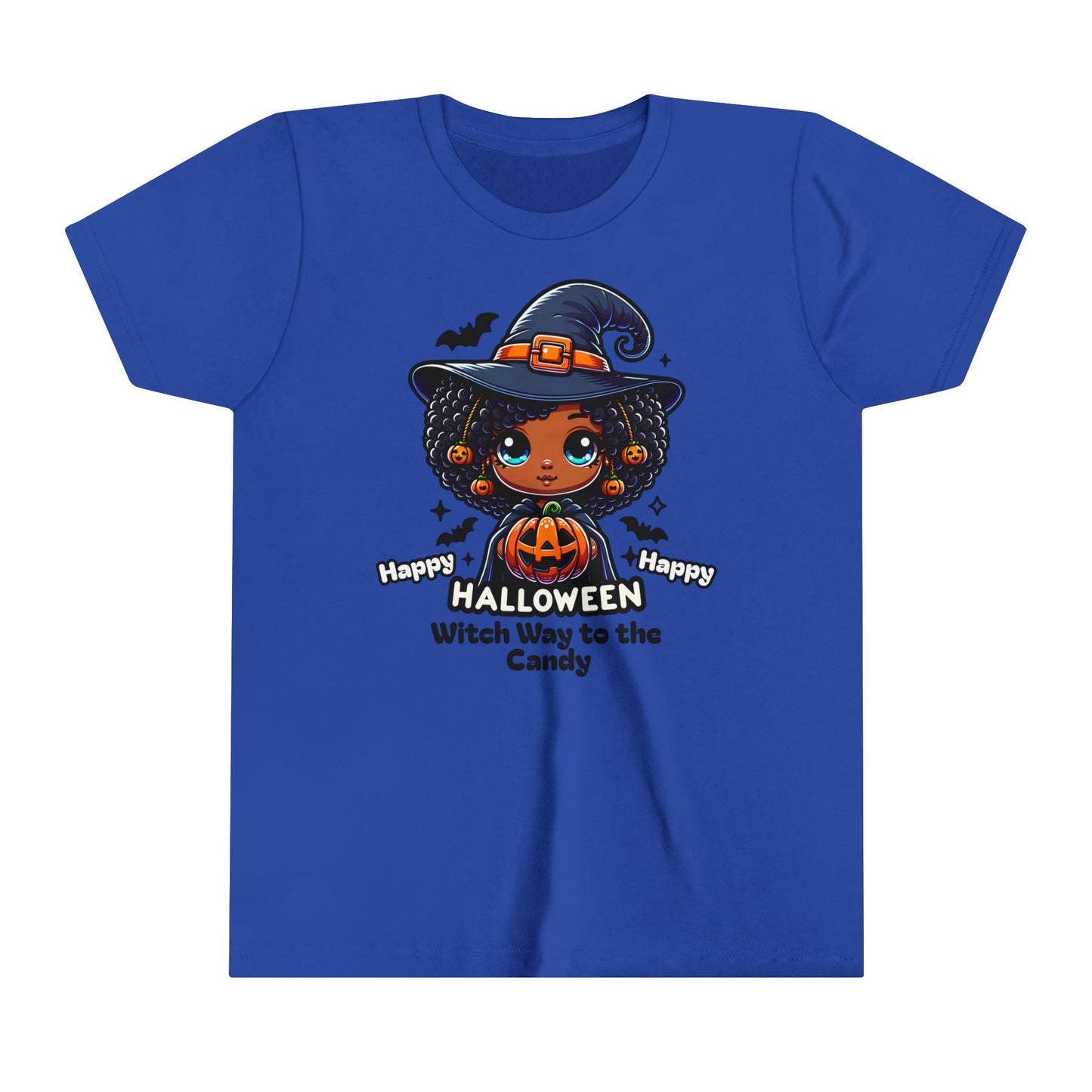 Fun Halloween T-Shirt for Kids. Witch Way to the Candy. Graphic T-Shirt of Afro Wearing Witch.