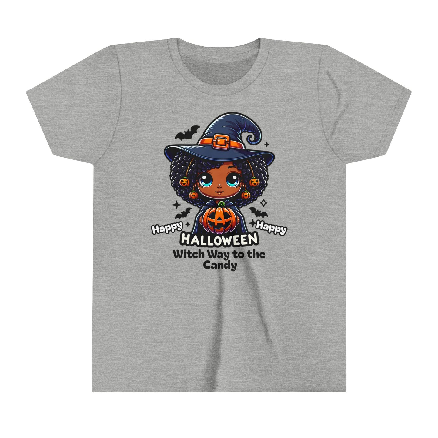 Fun Halloween T-Shirt for Kids. Witch Way to the Candy. Graphic T-Shirt of Afro Wearing Witch.