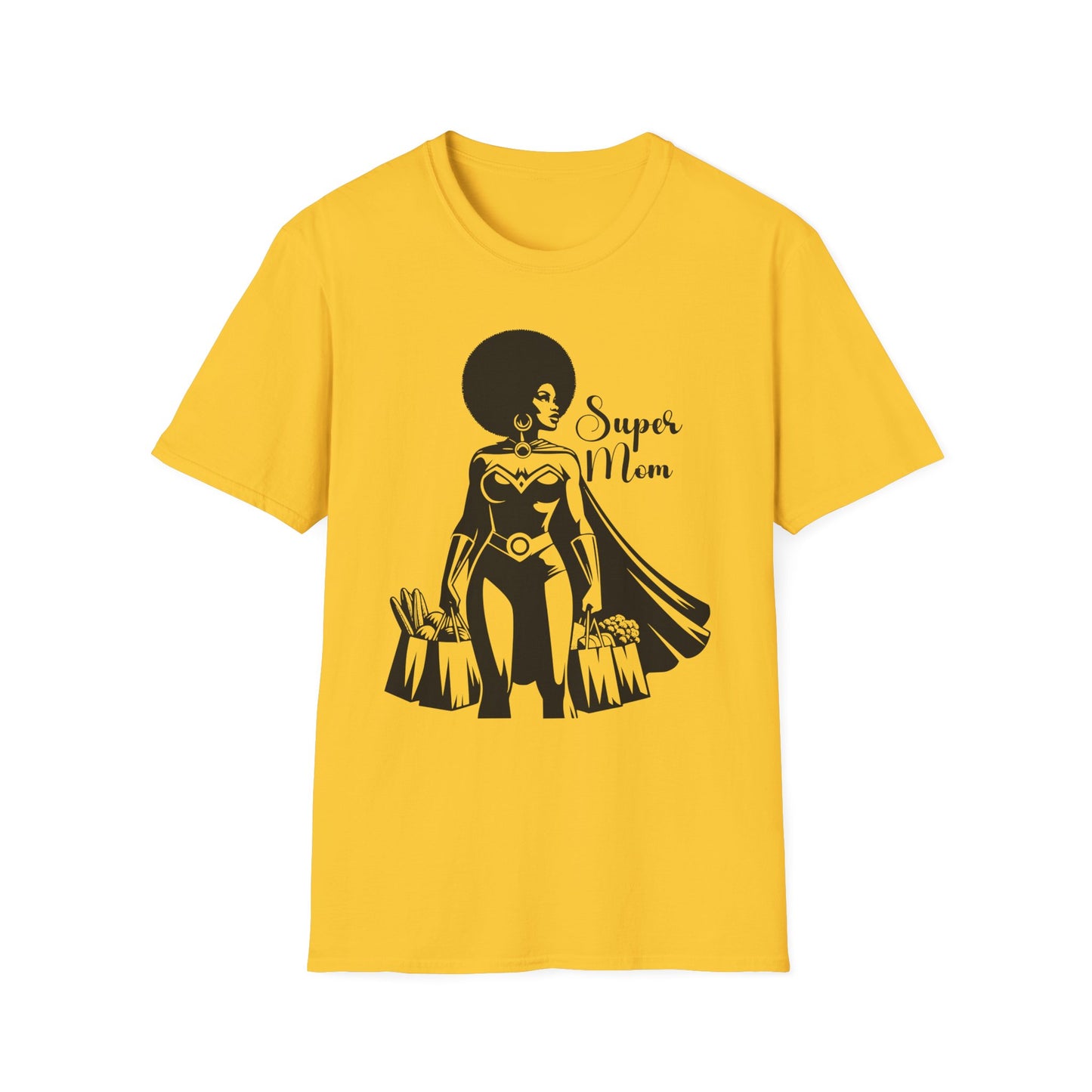 Graphic T-Shirt Showing Strong Black Superhero Mom as She Grabs Groceries