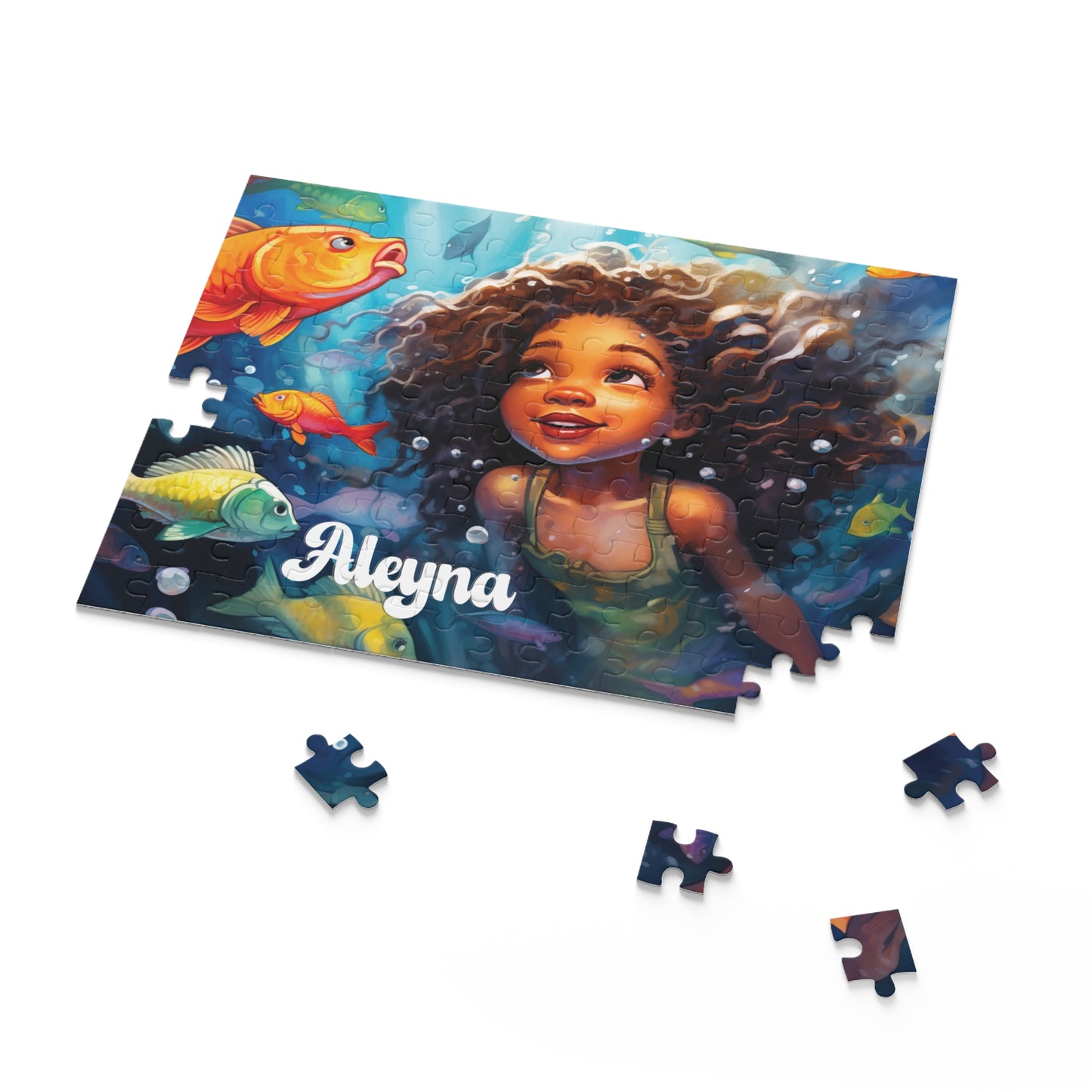 Personalized Children’s Jigsaw Puzzle with Fun, Brown Skinned Little Mermaid