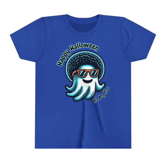 Fun kid’s graphic t-shirt with a glowing ghost with a cool Afro and sunglasses. The t-shirt says Happy Halloween , Be My Boo.