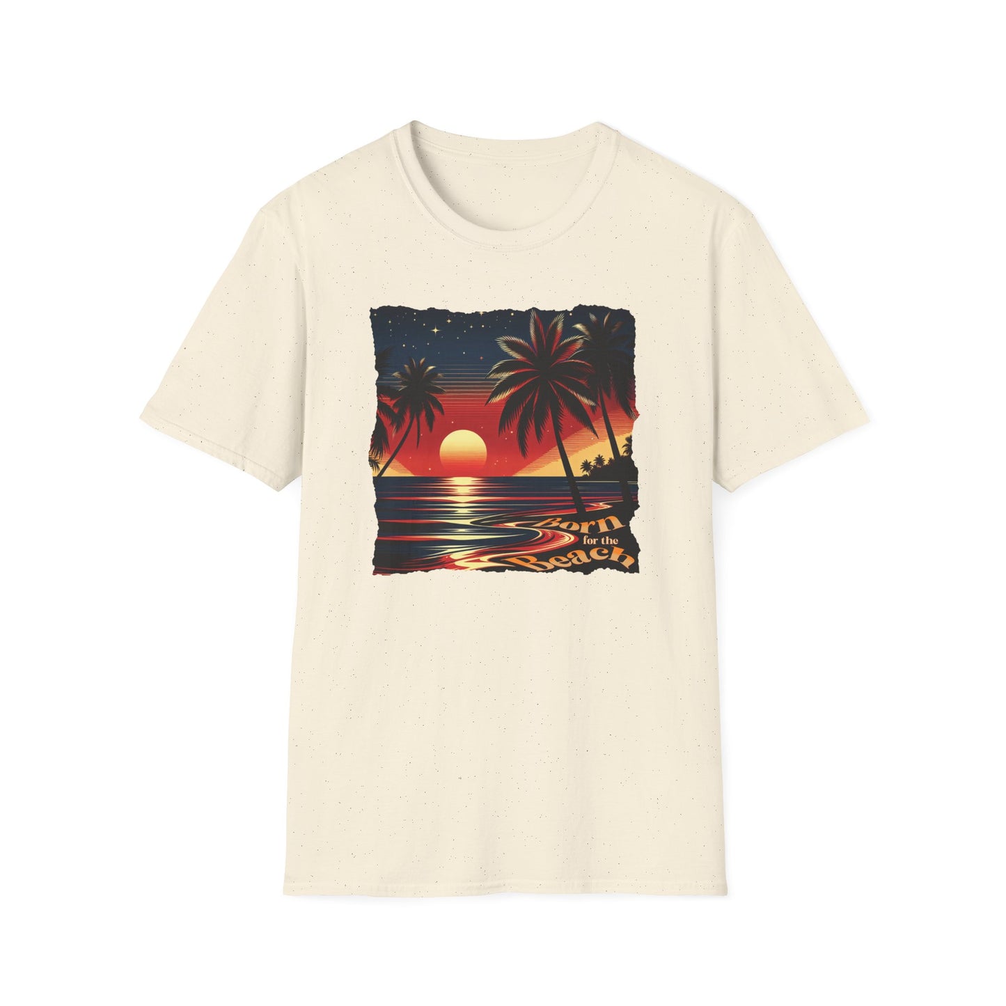 Graphic T-Shirt with the Image of a Beach Sunset and Words Born for the Beach.