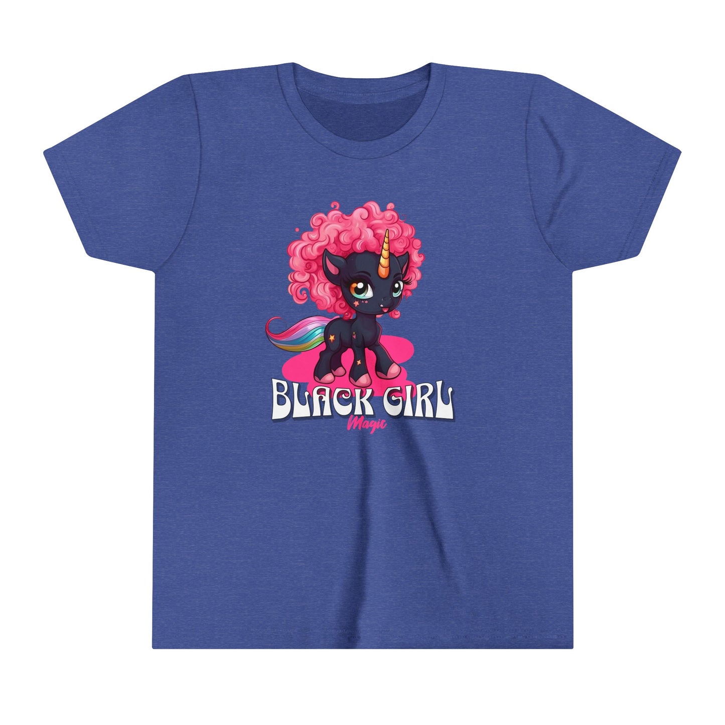 Black Girl Magic kids T-Shirt with Super Cute Unicorn with Pink Curly Hair.