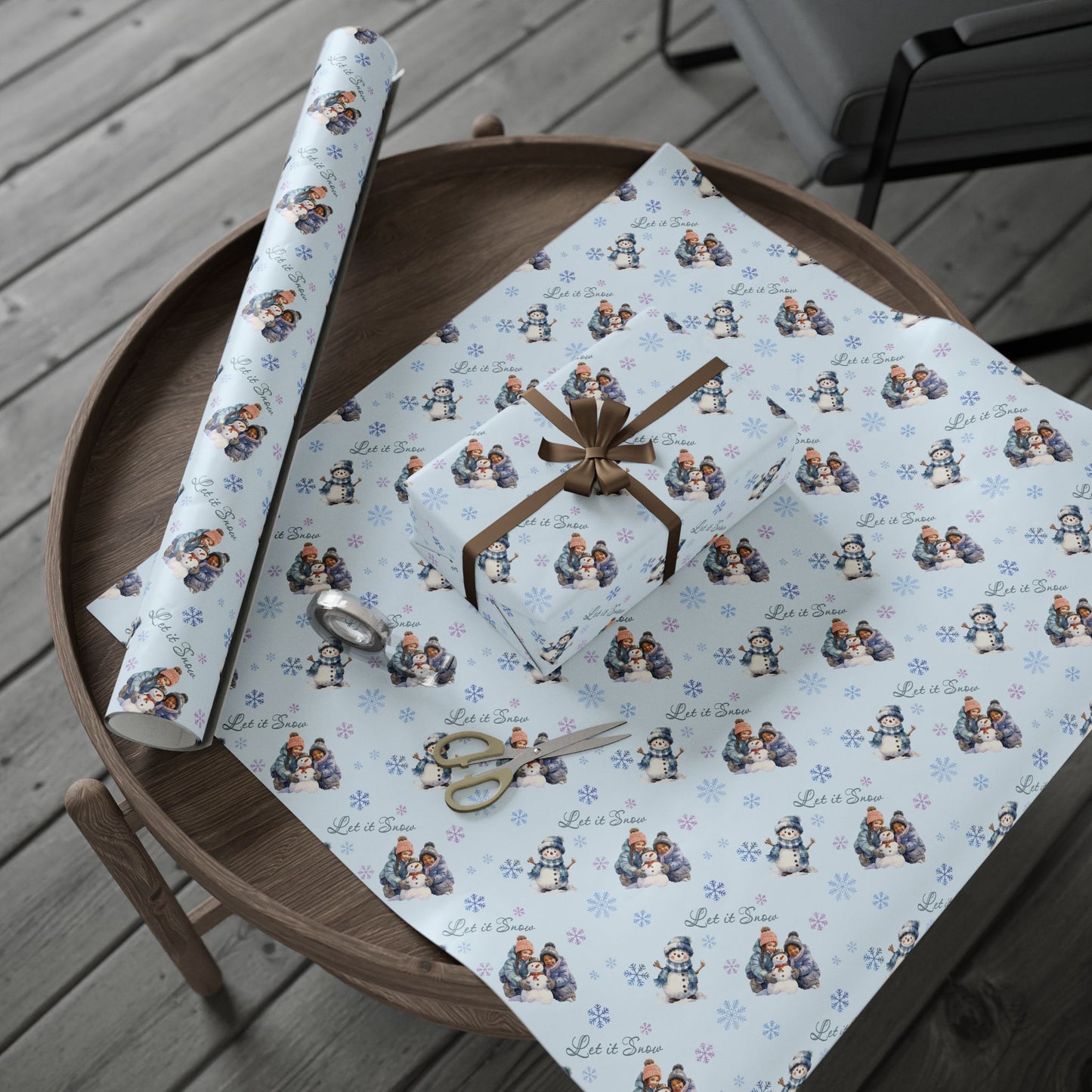 Holiday Gift Wrap, Christmas Wrapping Paper of Pretty Black Girls Building Snowmen