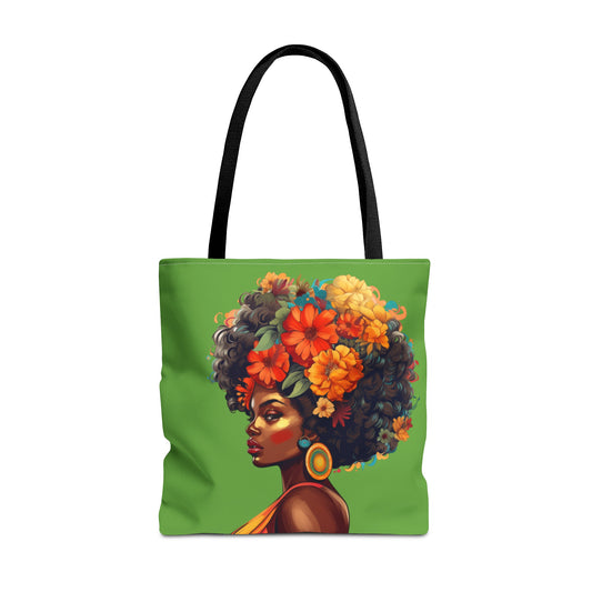 Floral, Tropical Themed Tote Bag with Profile of a Beautiful Black Woman