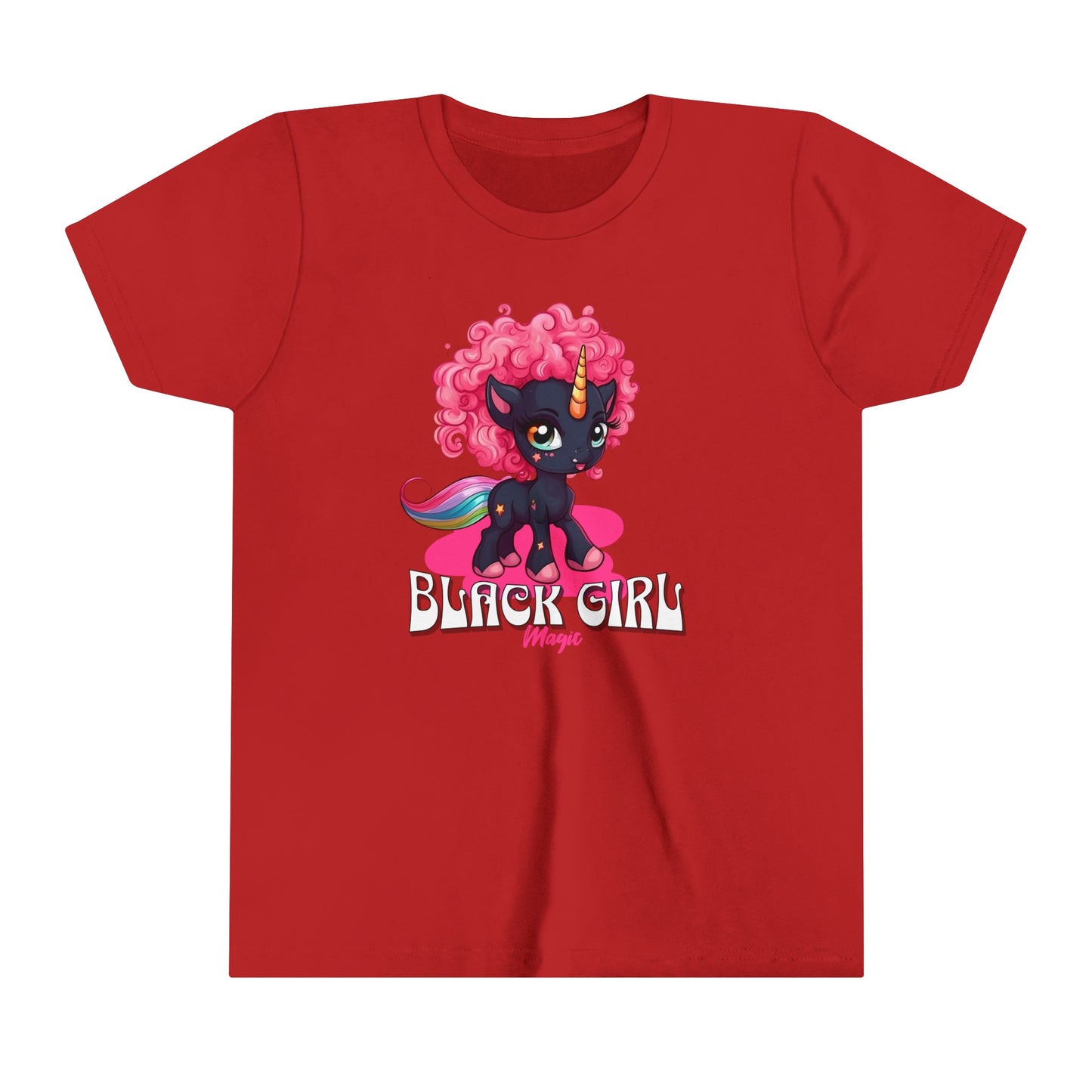 Black Girl Magic kids T-Shirt with Super Cute Unicorn with Pink Curly Hair.