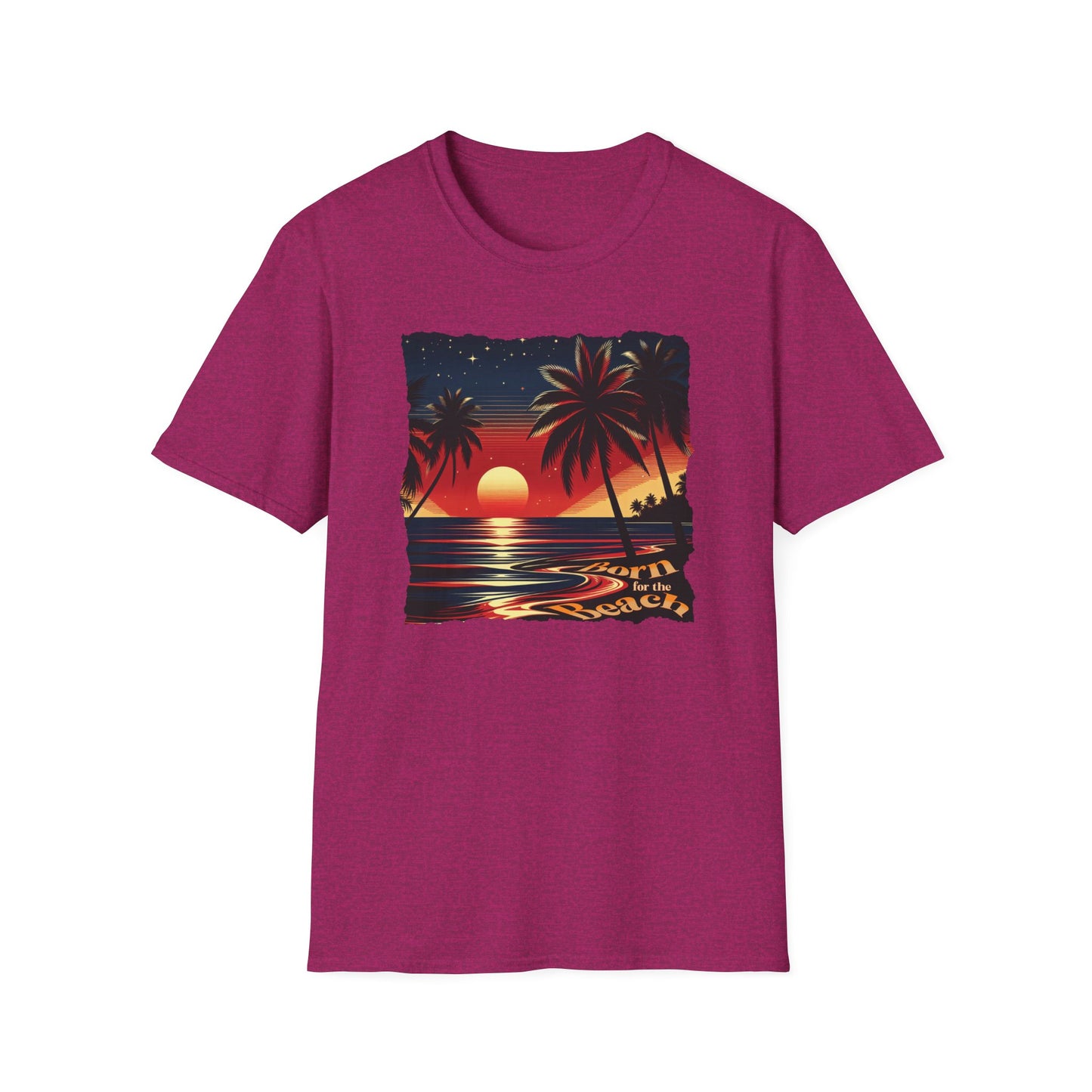 Graphic T-Shirt with the Image of a Beach Sunset and Words Born for the Beach.