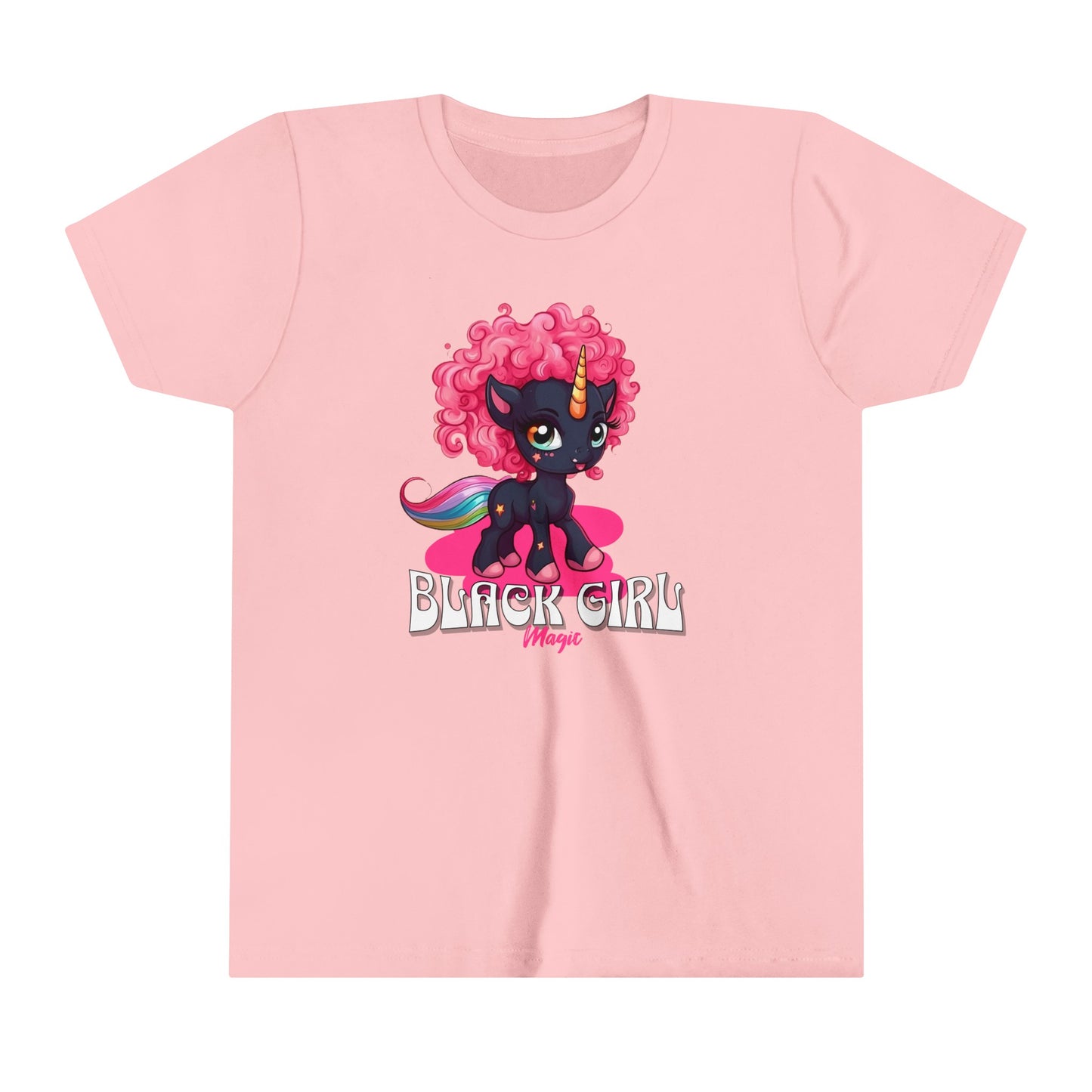 Black Girl Magic kids T-Shirt with Super Cute Unicorn with Pink Curly Hair.