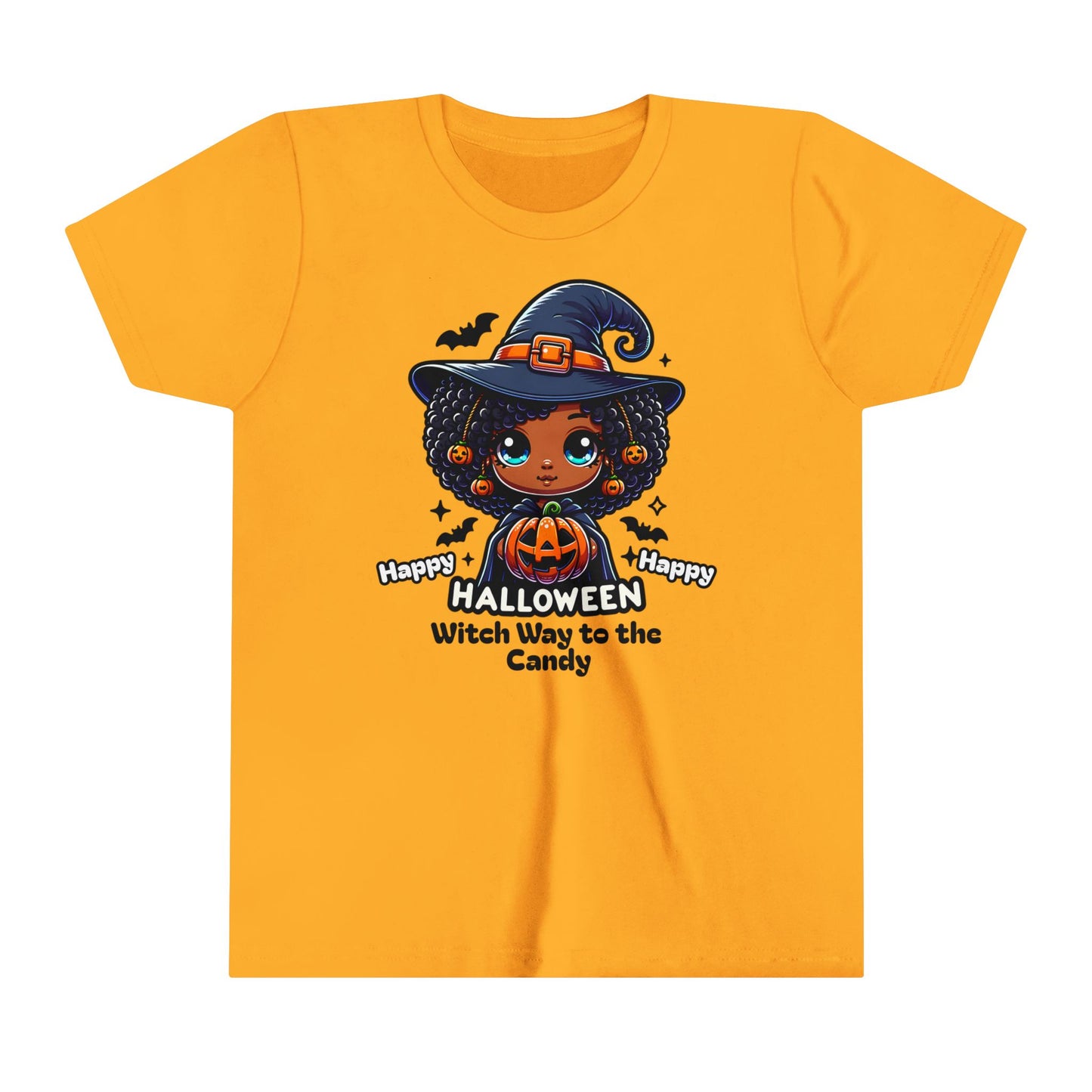 Fun Halloween T-Shirt for Kids. Witch Way to the Candy. Graphic T-Shirt of Afro Wearing Witch.