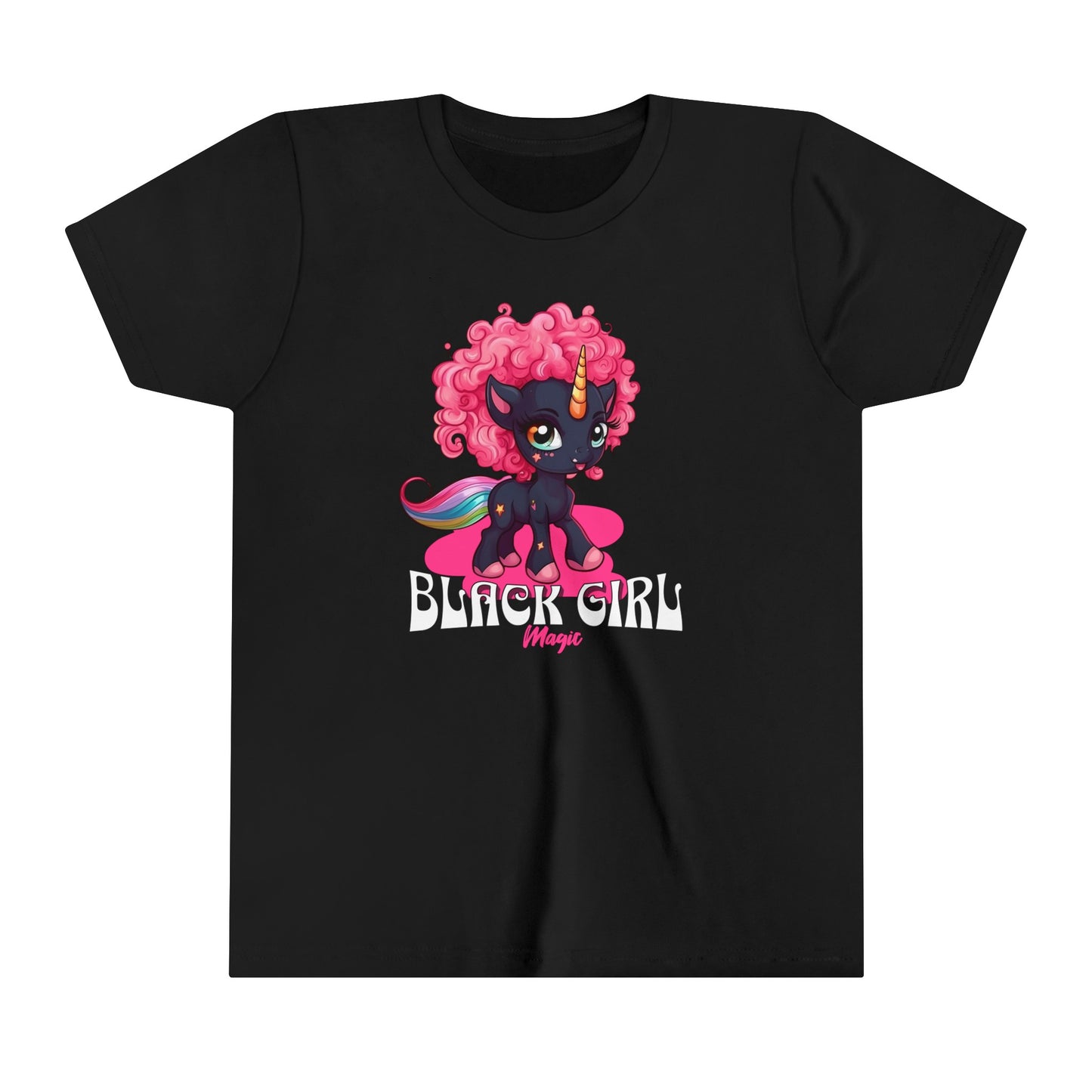 Black Girl Magic kids T-Shirt with Super Cute Unicorn with Pink Curly Hair.