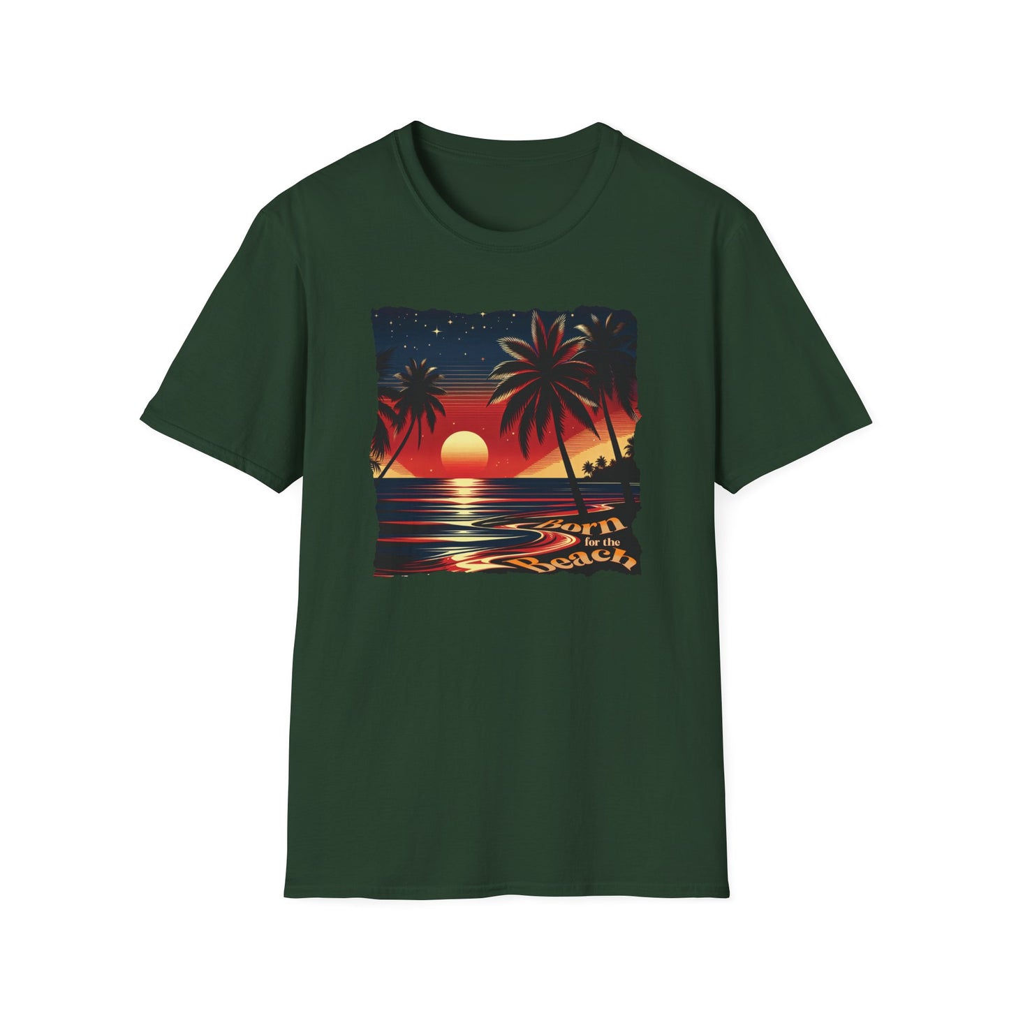 Graphic T-Shirt with the Image of a Beach Sunset and Words Born for the Beach.