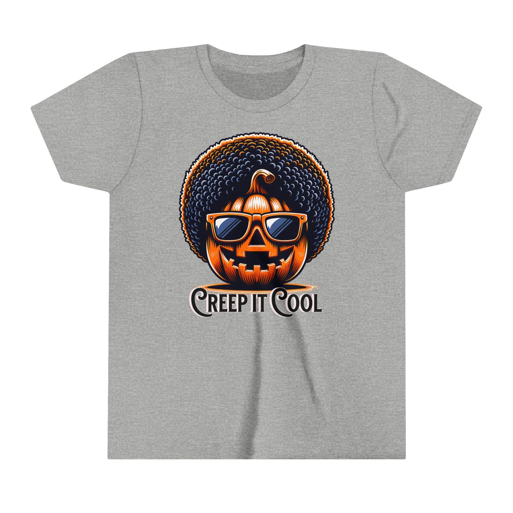 Cool Halloween graphic t-shirt with a cool pumpkin wearing a fabulous Afro. The words Creep it Cool is written below the graphic.