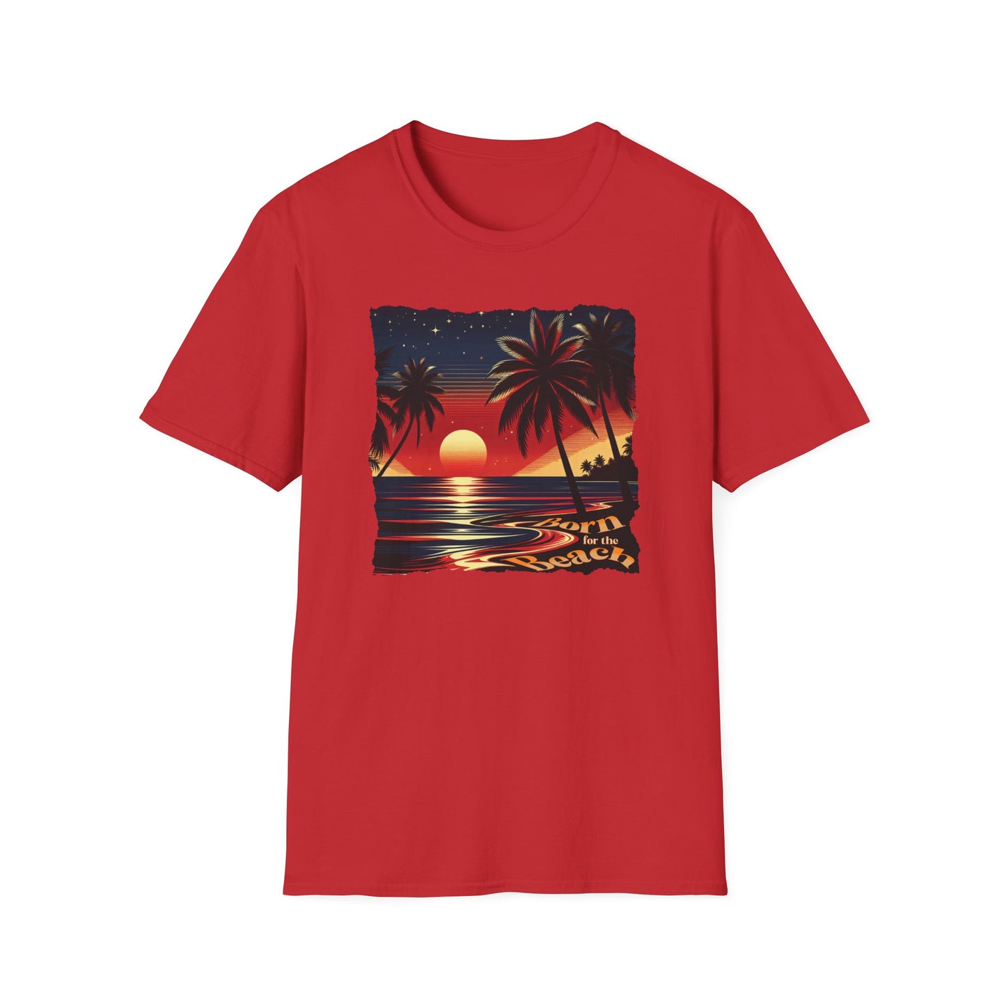 Graphic T-Shirt with the Image of a Beach Sunset and Words Born for the Beach.