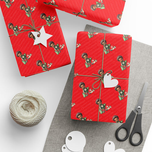 Brown Skinned Holiday Elf Gift Wrap, Christmas Paper Roll, Festive Present Packaging