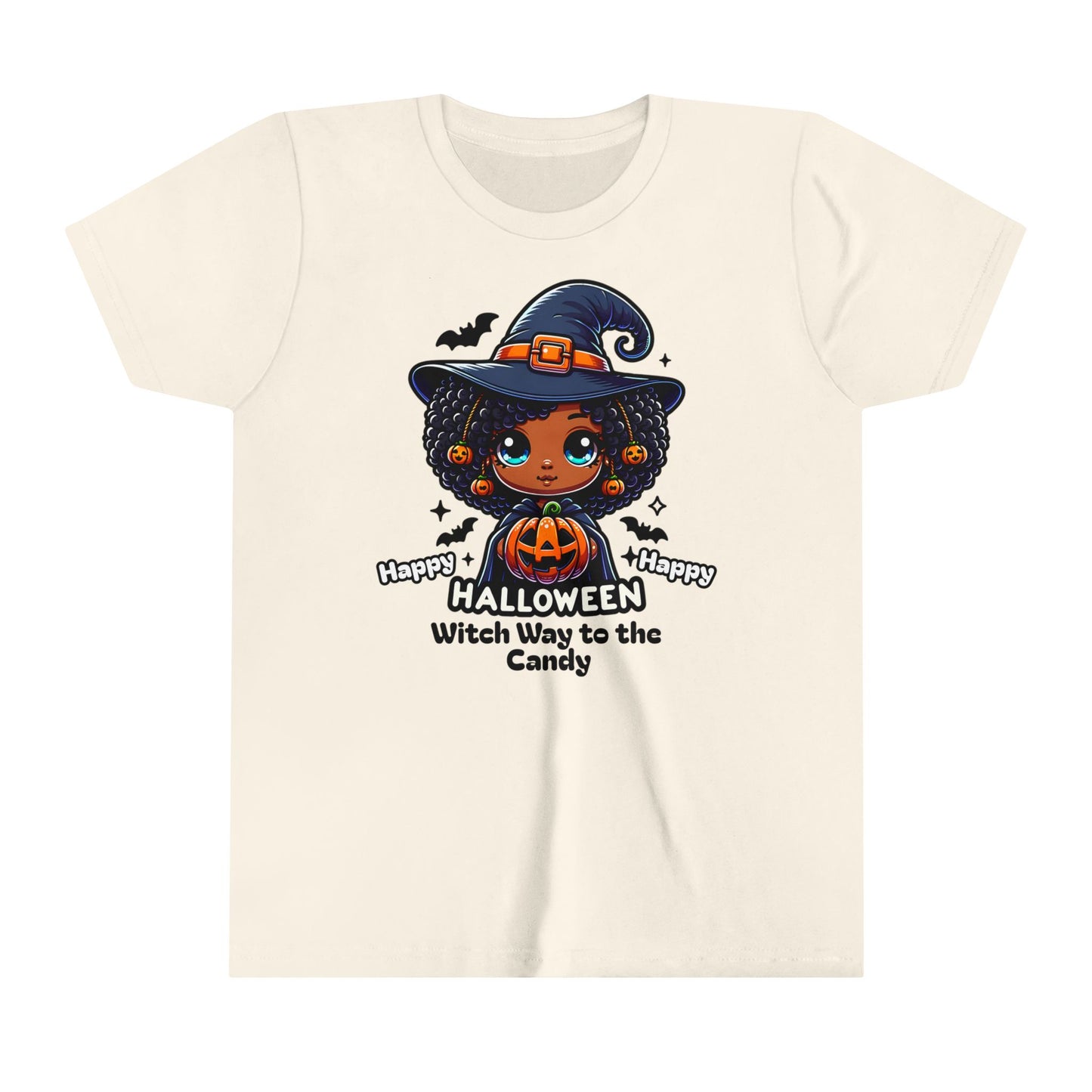 Fun Halloween T-Shirt for Kids. Witch Way to the Candy. Graphic T-Shirt of Afro Wearing Witch.